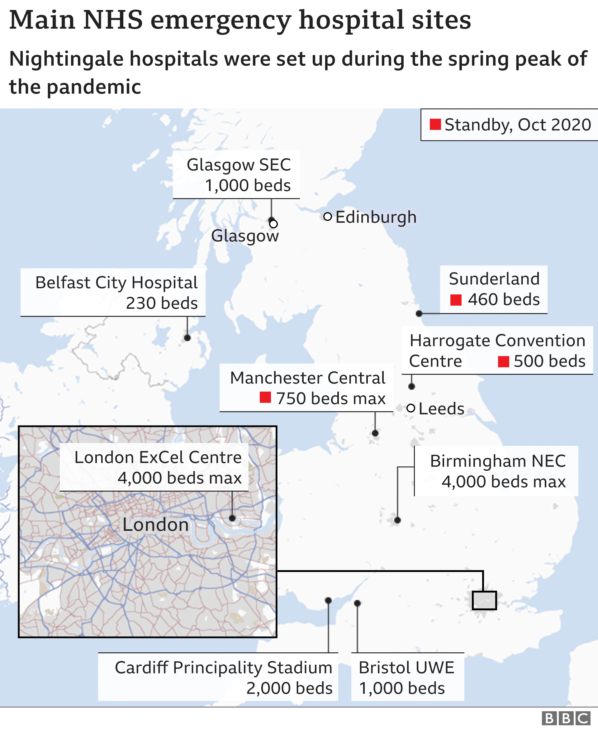 Map of nightingale hospital sites shows Manchester, Sunderland and Harrogate on standyb