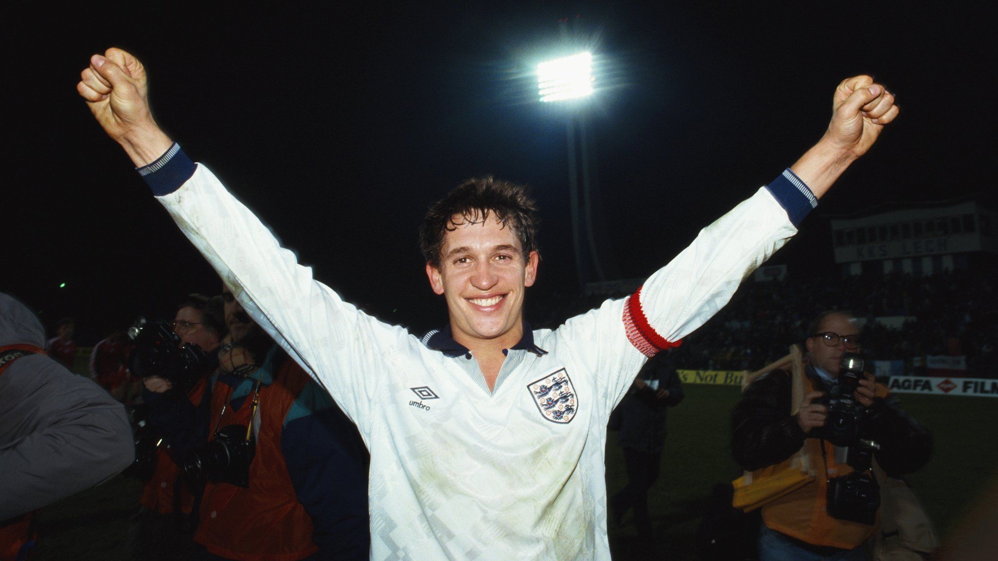 England goal scorer Gary Lineker celebrates qualification for Euro 92' after the European Championships Qualifier between Poland and England on November 13, 1991 in Poznan, Poland