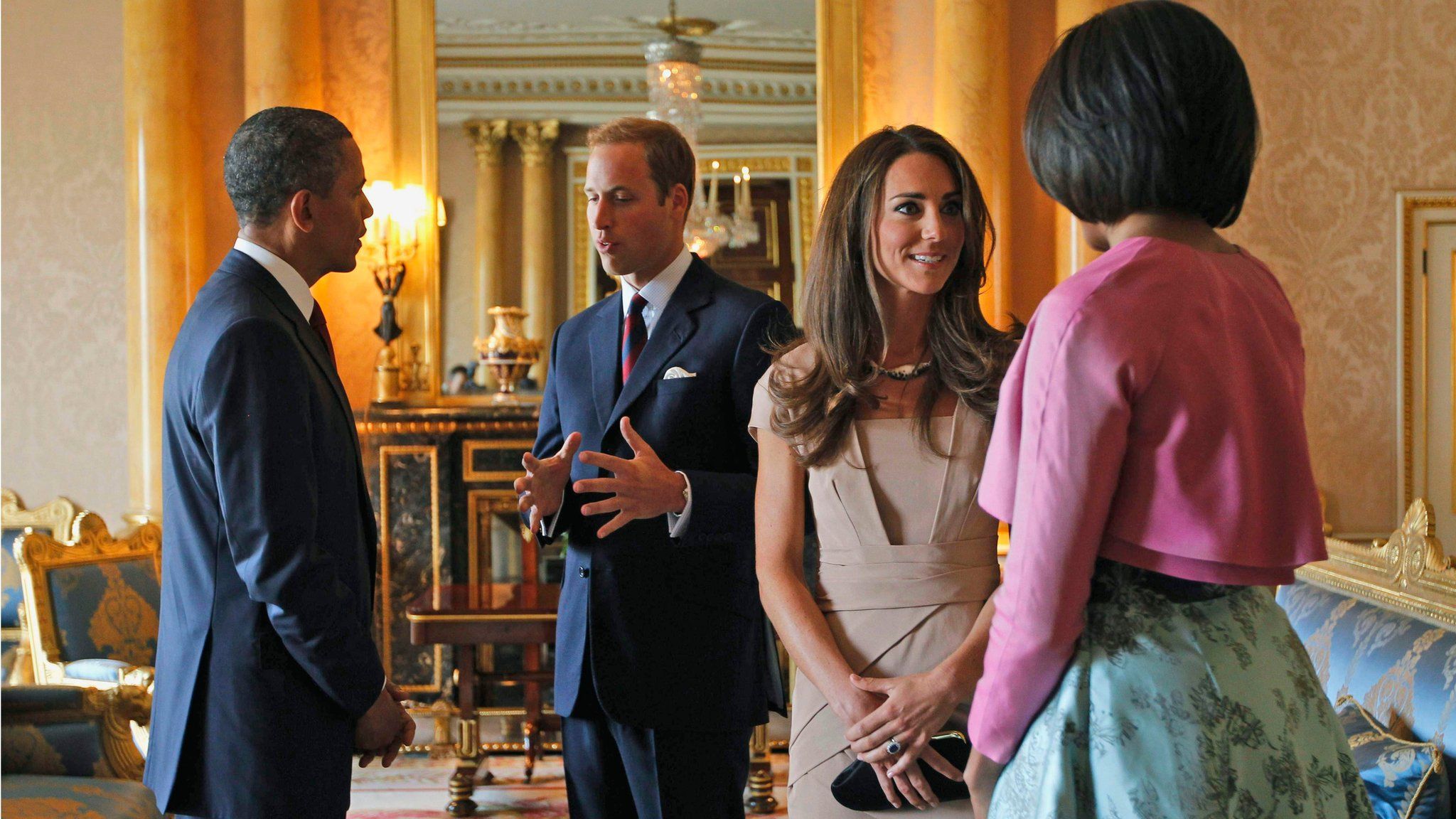 US President Barack Obama and First Lady Michelle Obama meet Prince William and the Duchess of Cambridge at Buckingham Palace in 2011.