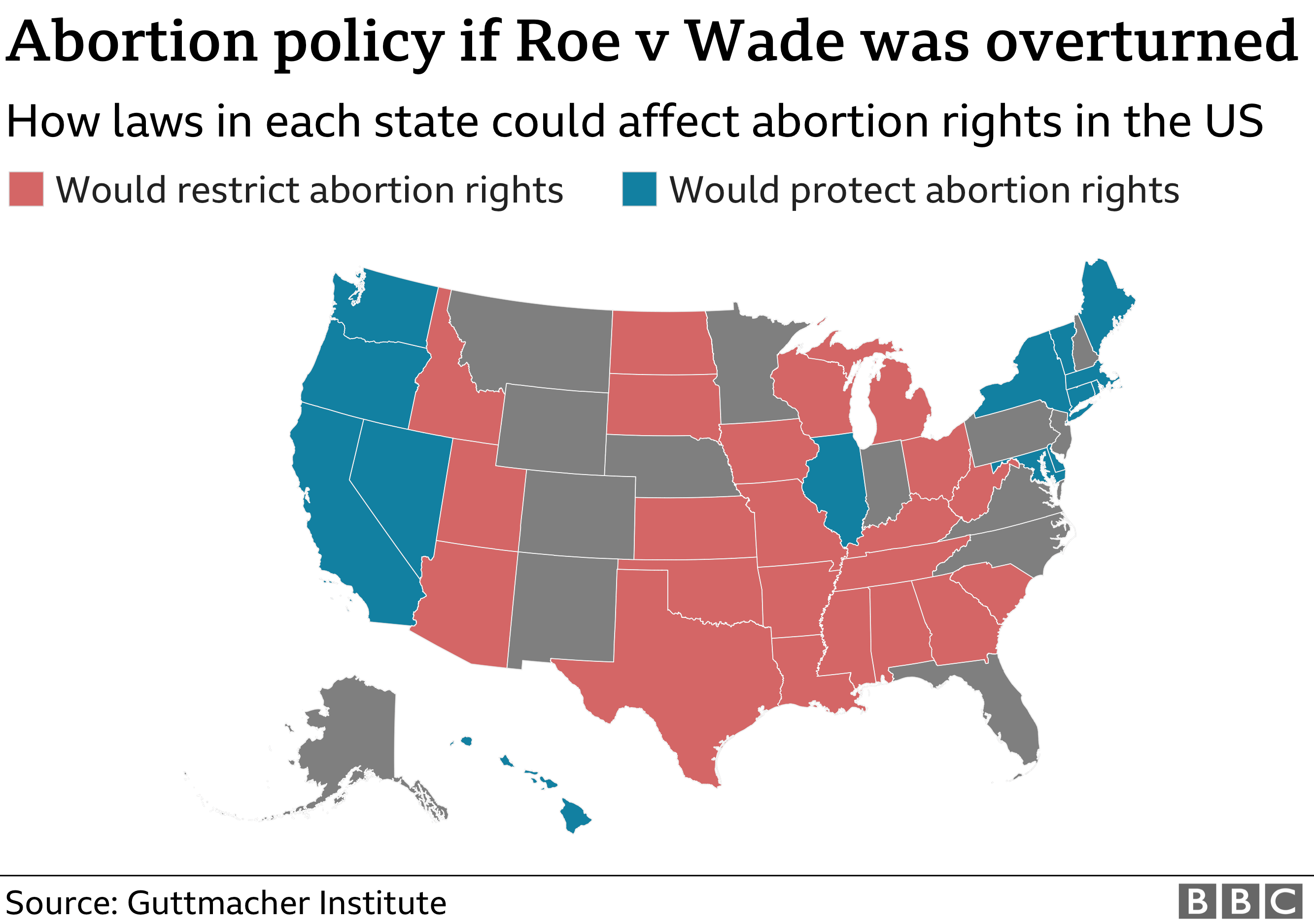 A map showing abortion policy in the US if Roe v Wade was overturned