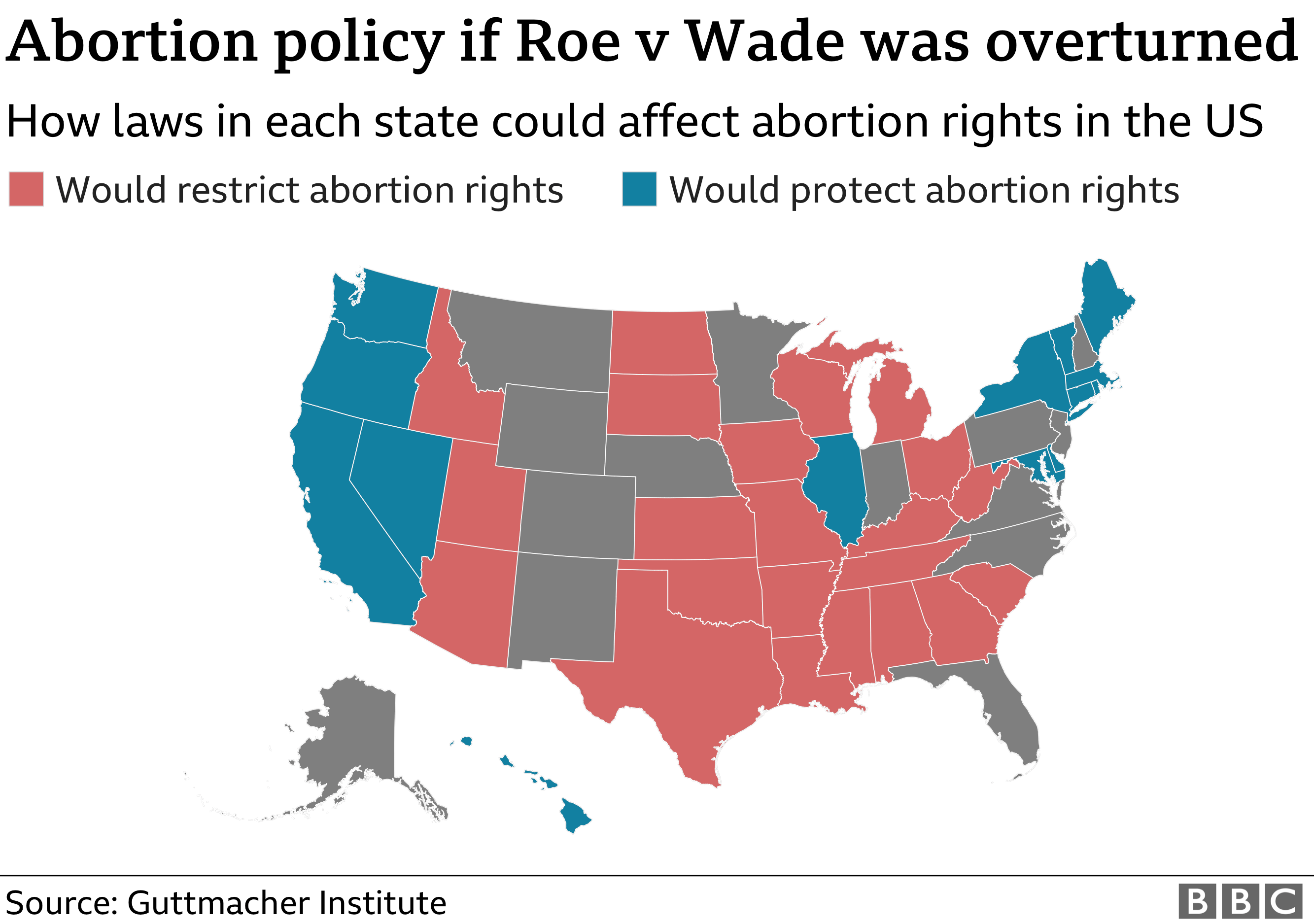 Map showing abortion policy in the US if Roe v Wade is overturned