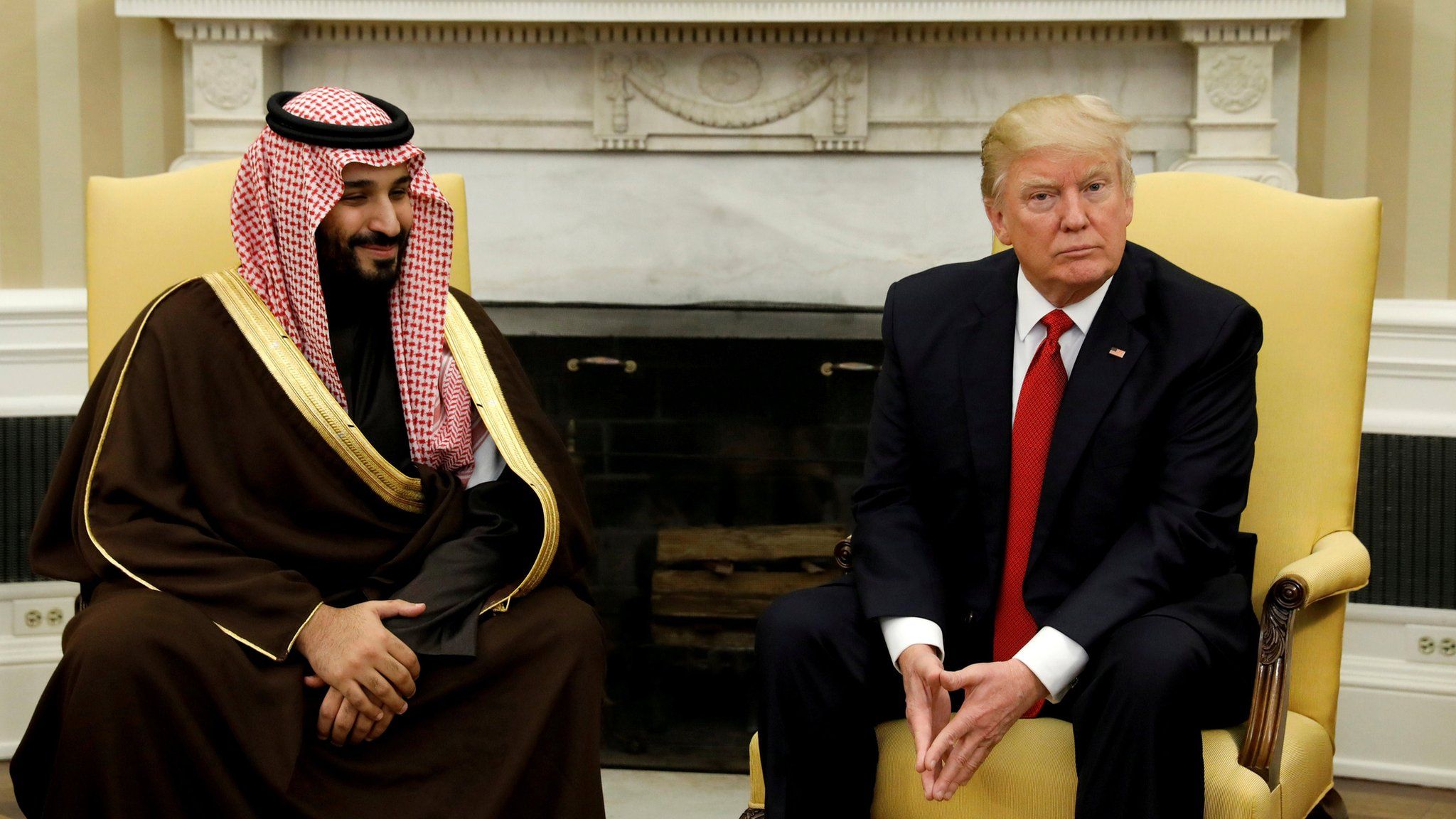 Saudi Prince Mohammed Bin Salman sits next to US President Donald Trump at the White House on 14 March 2017