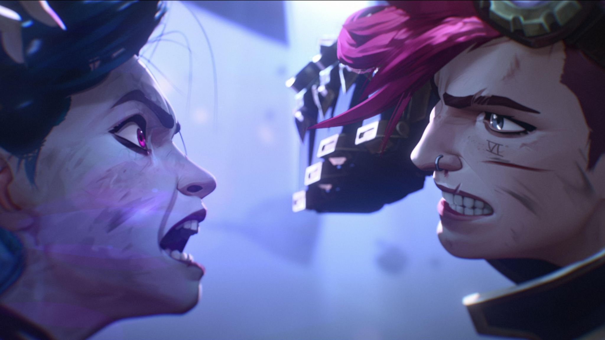 Still from animated show Arcane shows two characters about to collide, their eyes locked on each other. On the left a blue-haired character has her mouth open, screaming, and her violet eyes blazing. On the opposite side of the shot a character with pink hair, a nose ring and roman numerals VI tattooed on her cheek is holding up a gauntlet-clad fist about to strike.