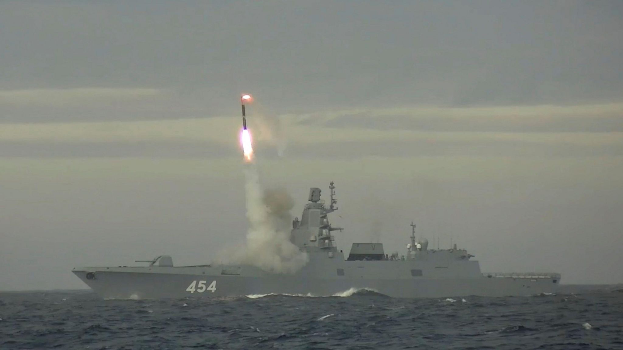 Russian defence ministry still of Zircon missile test from ship in 2022