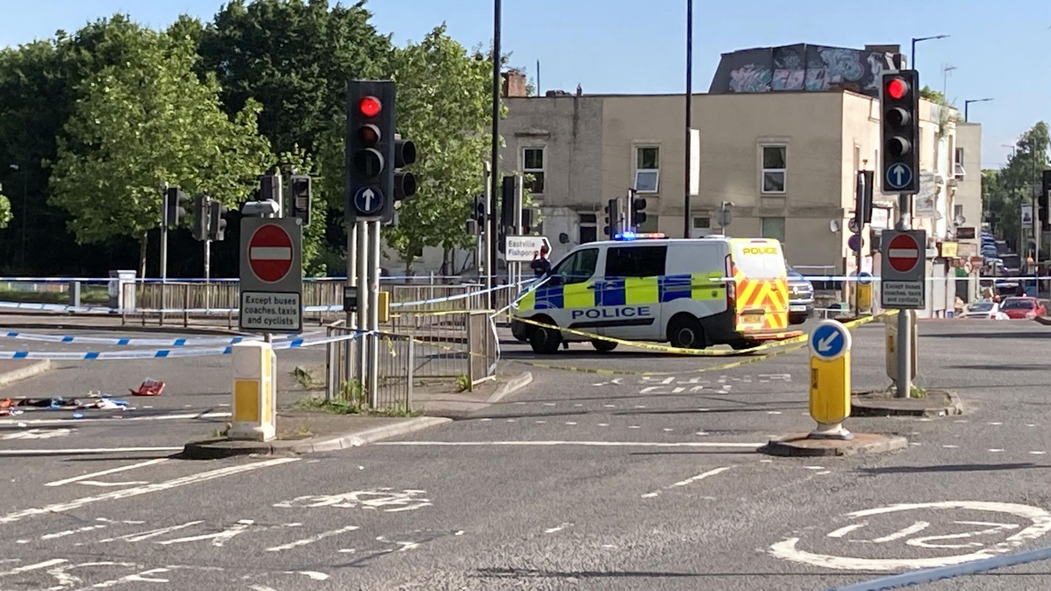 A police van in the middle of a police cordon in Easton, Bristol