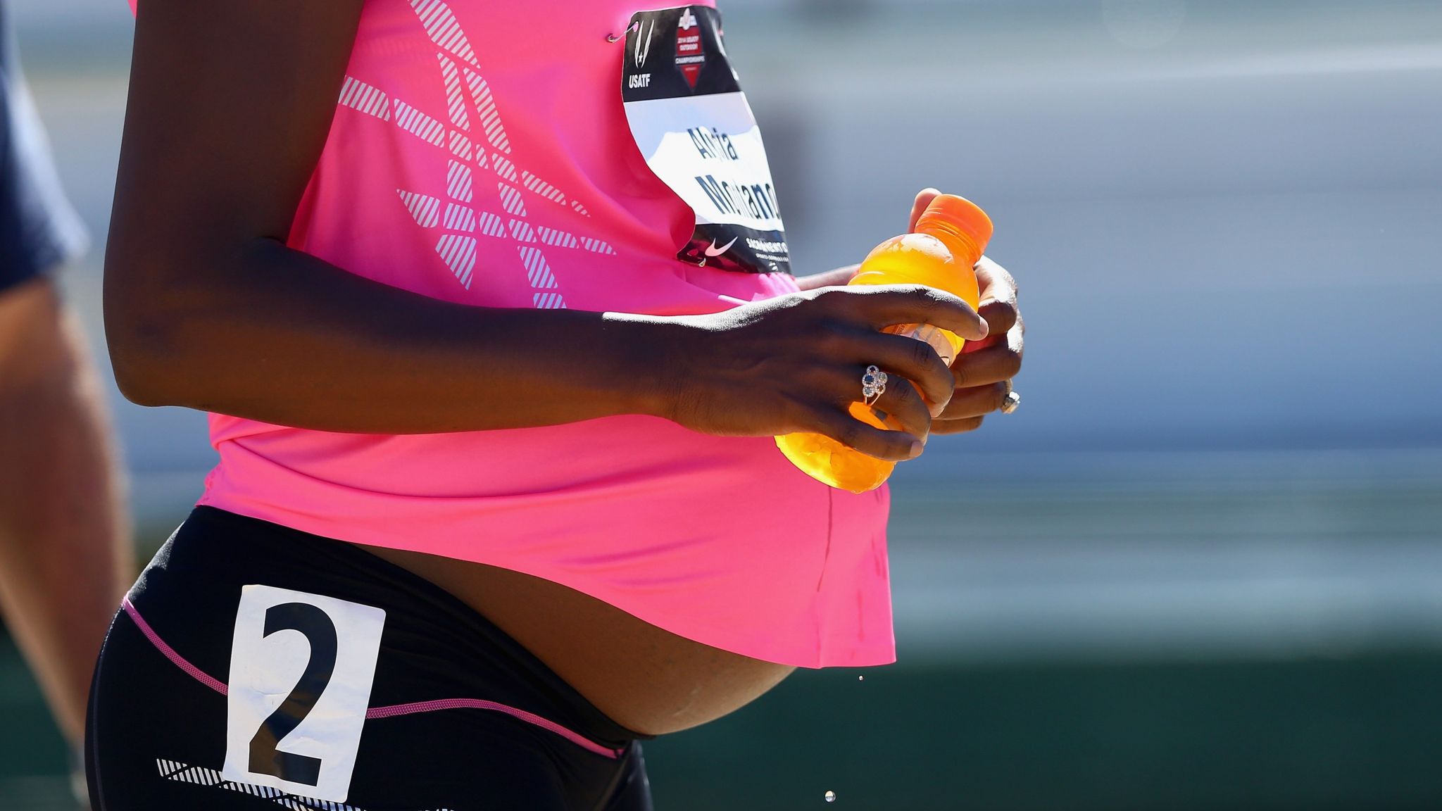 A picture of US athlete Alysia Montano in 2014 when she ran at the US Nationals at 34 weeks pregnant