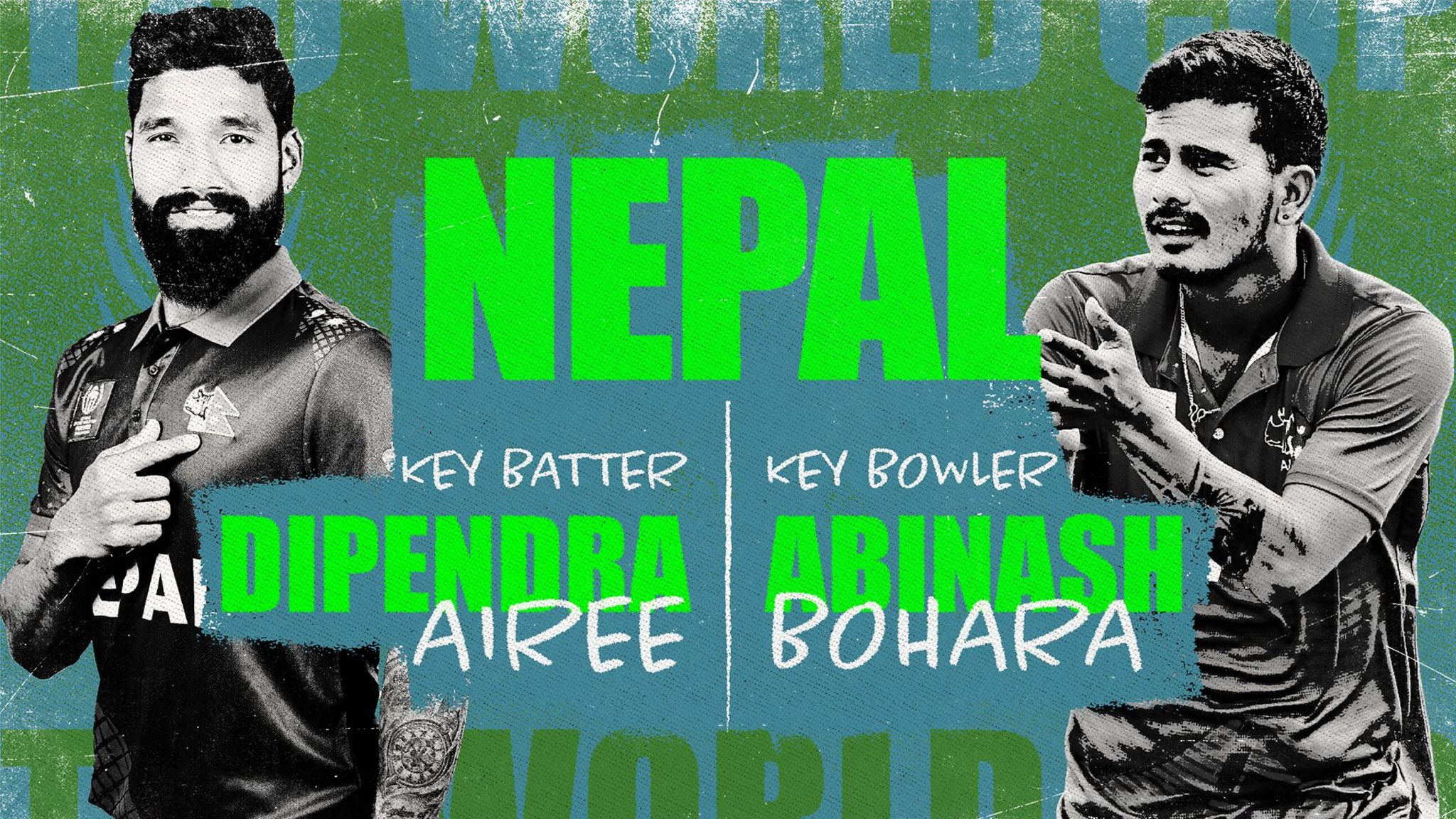 A graphic showing Dipenda Airee and Abinash Bohara as Nepal's key batter and bowler at the Men's T20 World Cup