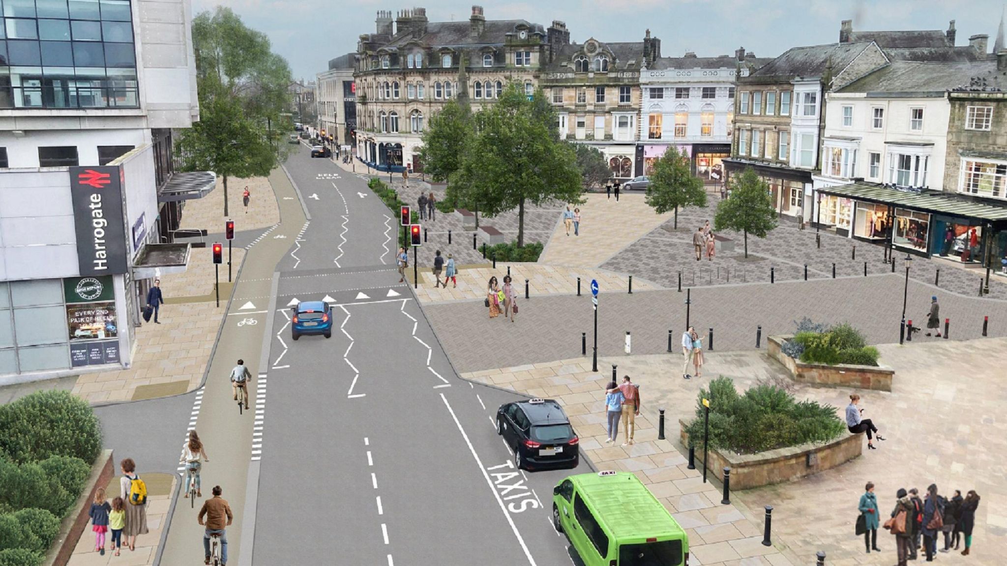 An image of how the front entrance to Harrogate railway station will look, including a cycle lane and a large area for pedestrians.