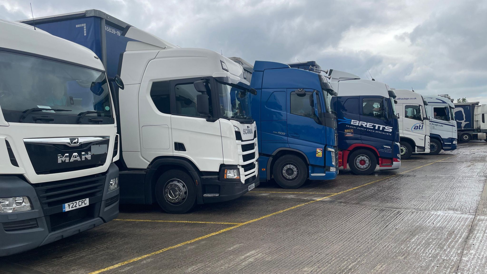 Seven lorries parked up in a line. The photo shows the front of the lorries. 