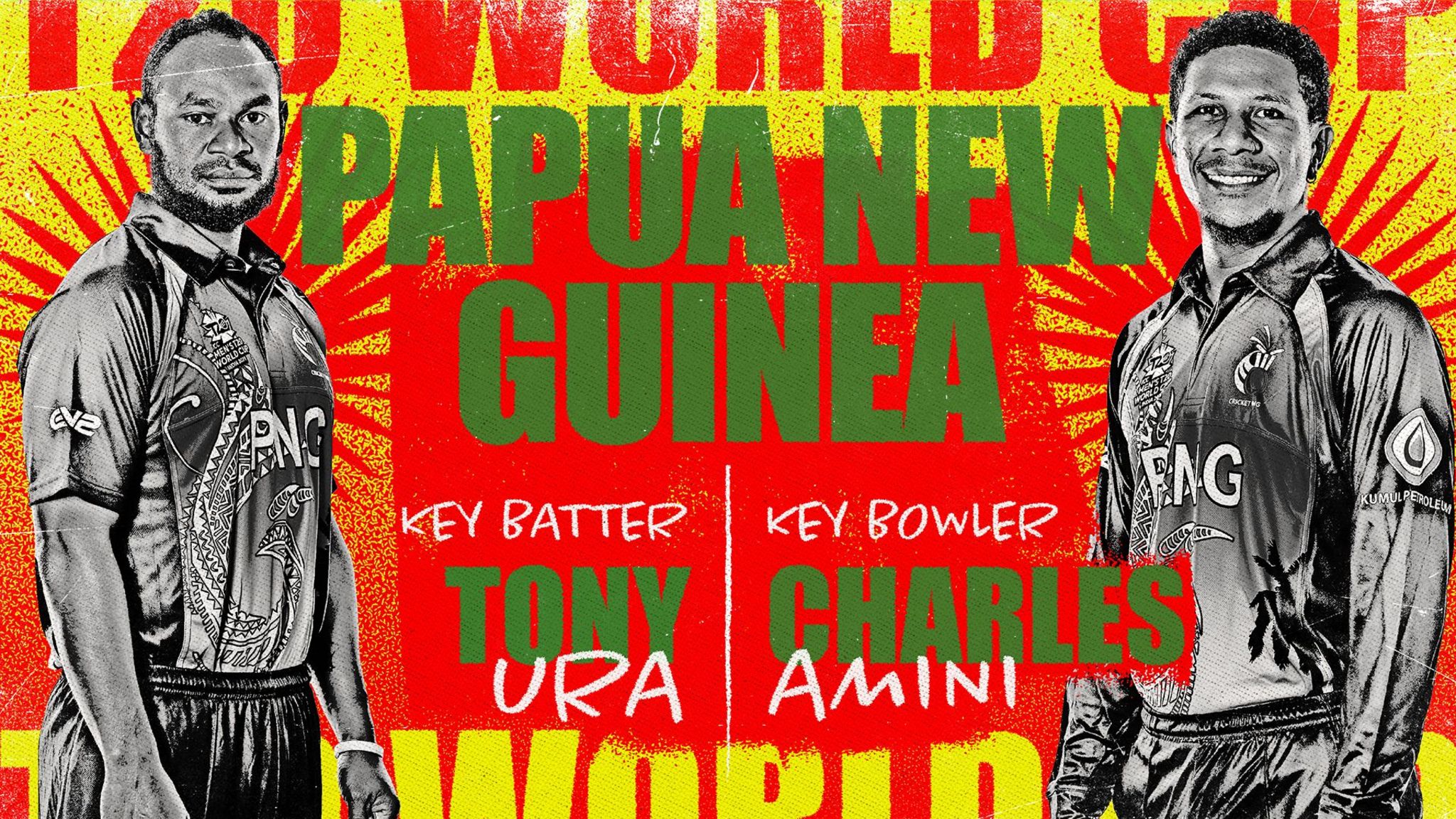 A graphic showing Tony Ura and Charles Amini as Papua New Guinea's key batter and bowler at the Men's T20 World Cup