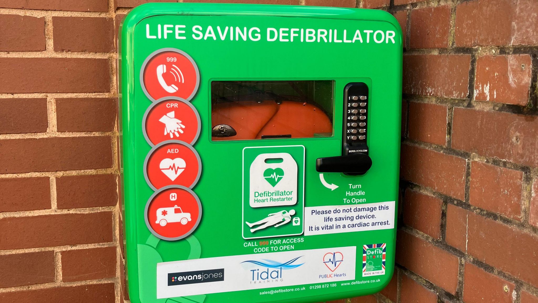 Defibrillator outside Tidal Training in Cheltenham