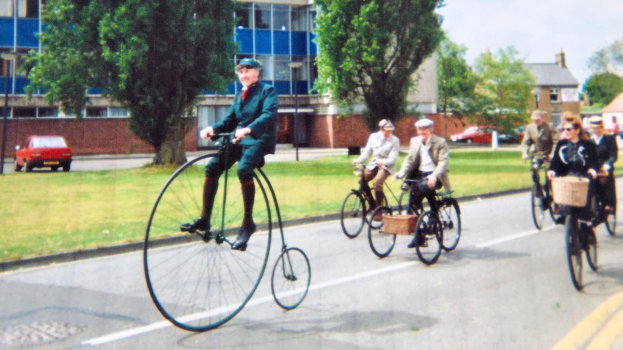Colin Bedford riding his Penny Farthing in March in the 1990s