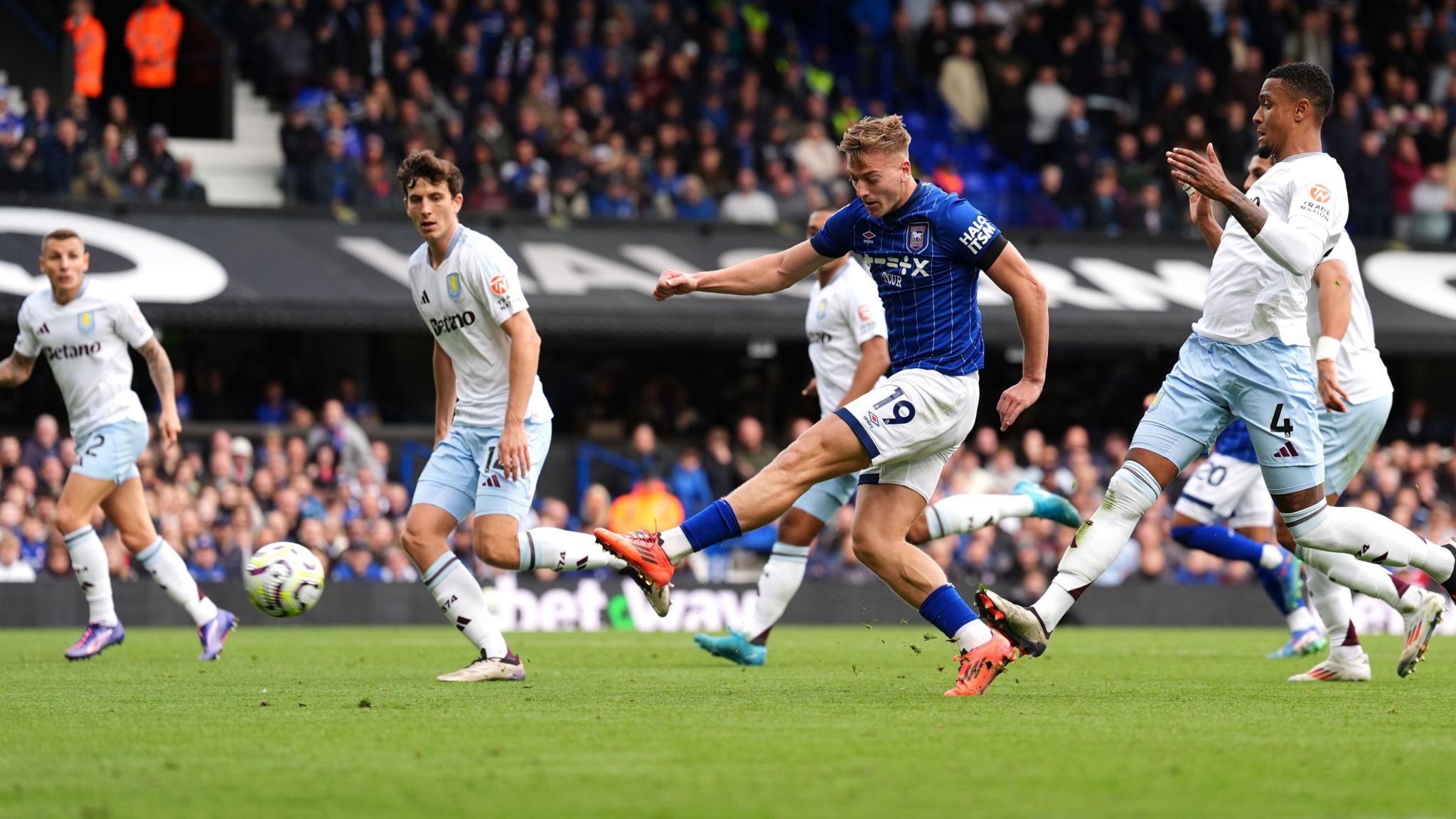 Liam Delap scores his second goal for Ipswich against Aston Villa