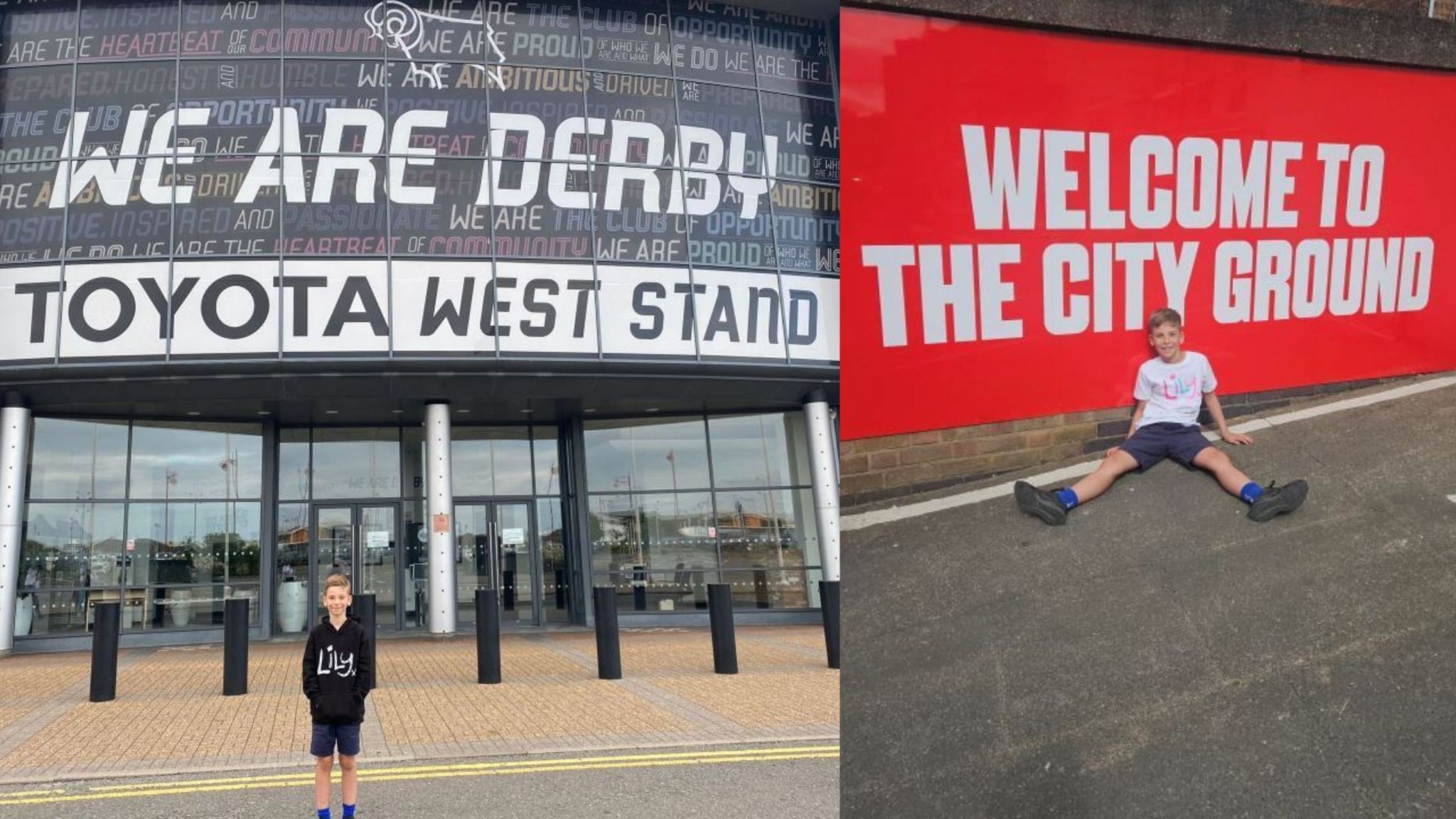 Harry is pictured in a split image outside Pride Park, Derby and Nottingham Forest's City Ground stadium