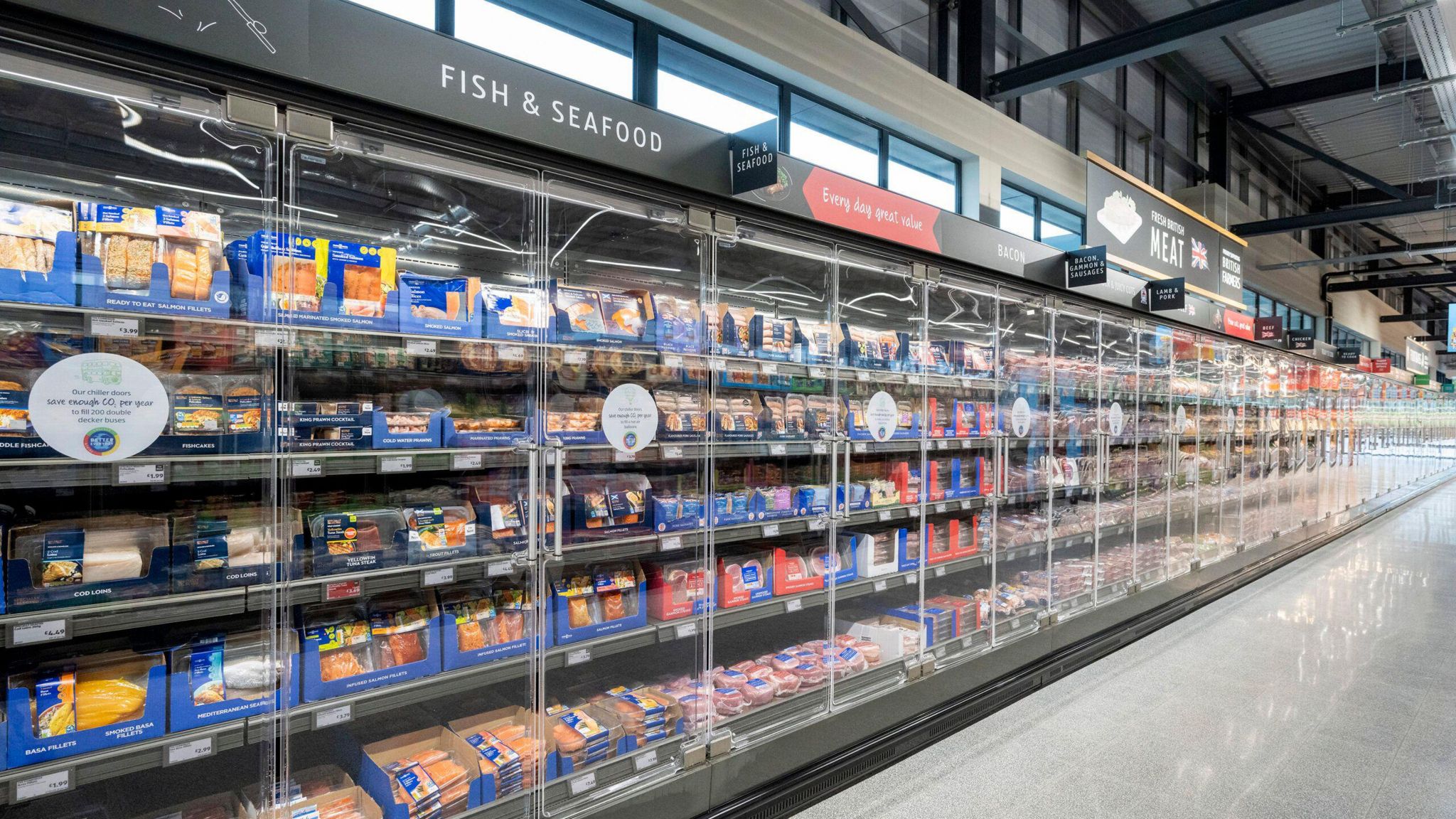 An empty fish and seafood aisle in an Aldi store