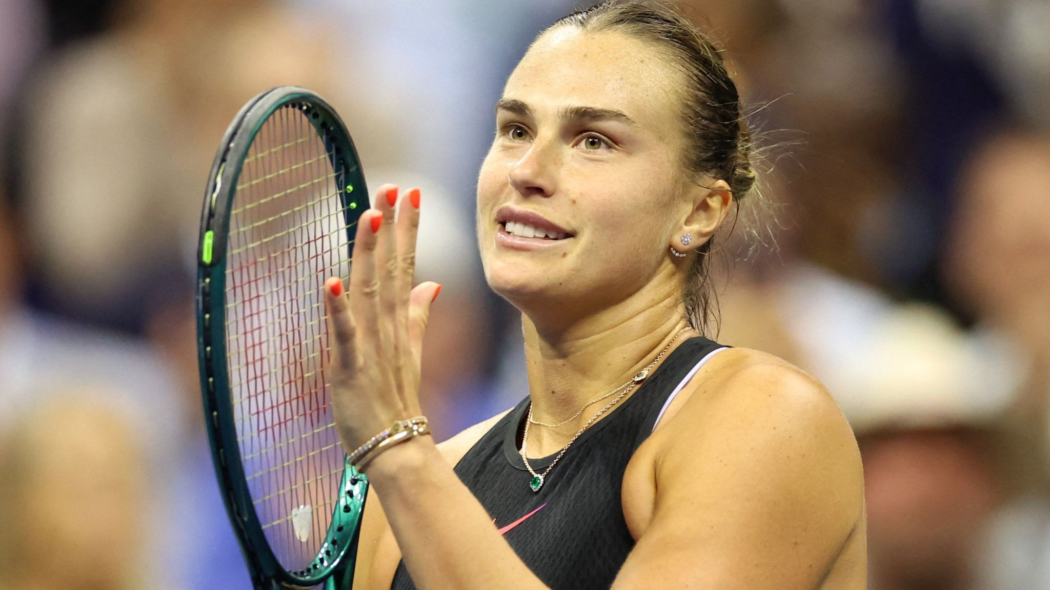 Aryna Sabalenka celebrates her quarter-final victory at the US Open