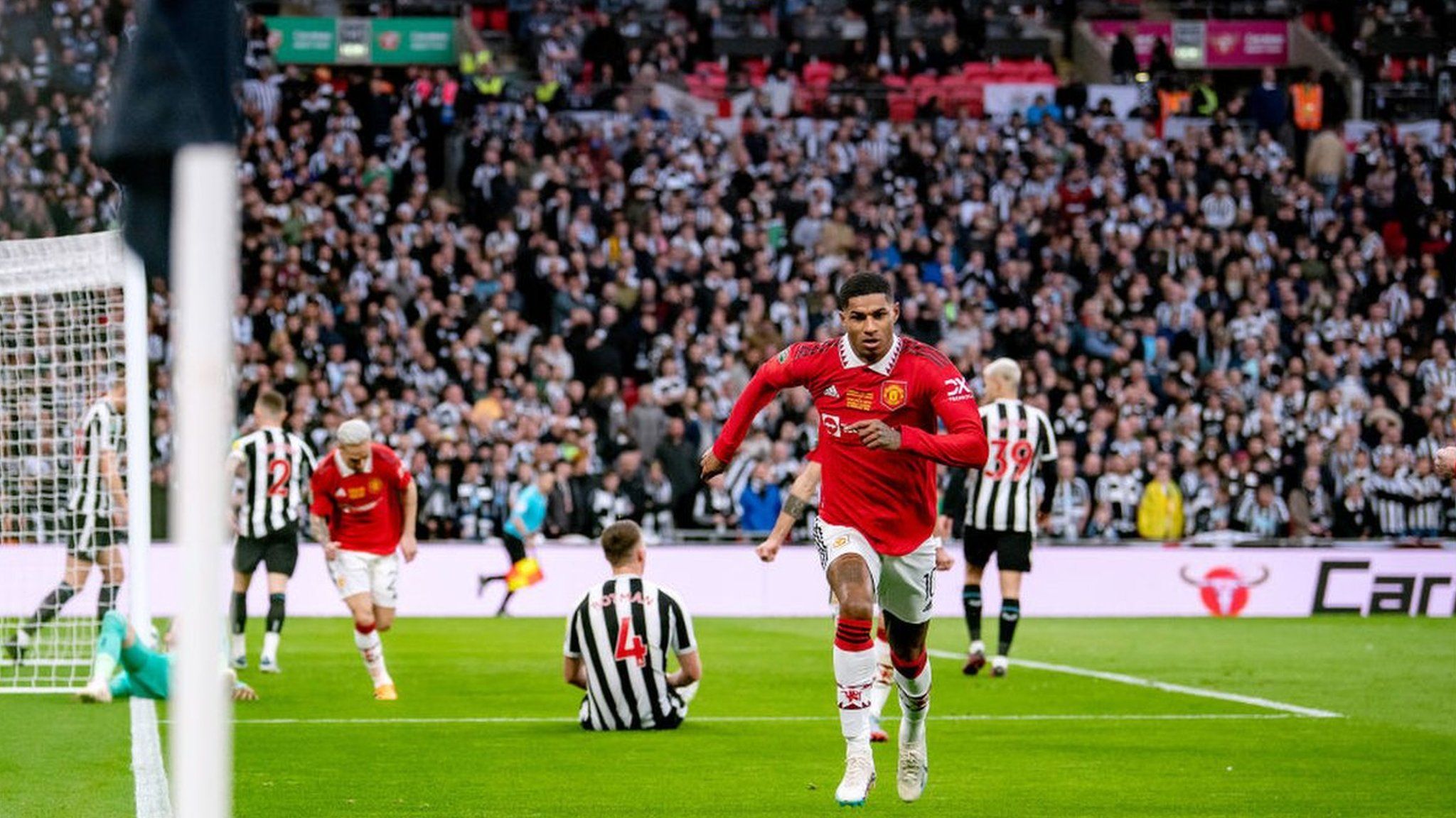 Marcus Rashford's shot was deflected into his own net by Newcastle's Sven Botman just before the break to put Manchester United 2-0 up.