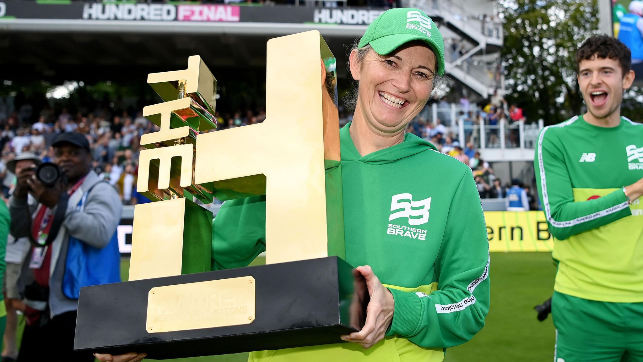 Southern Brave coach Charlotte Edwards celebrates with the trophy after winning The Hundred women's competition in 2023