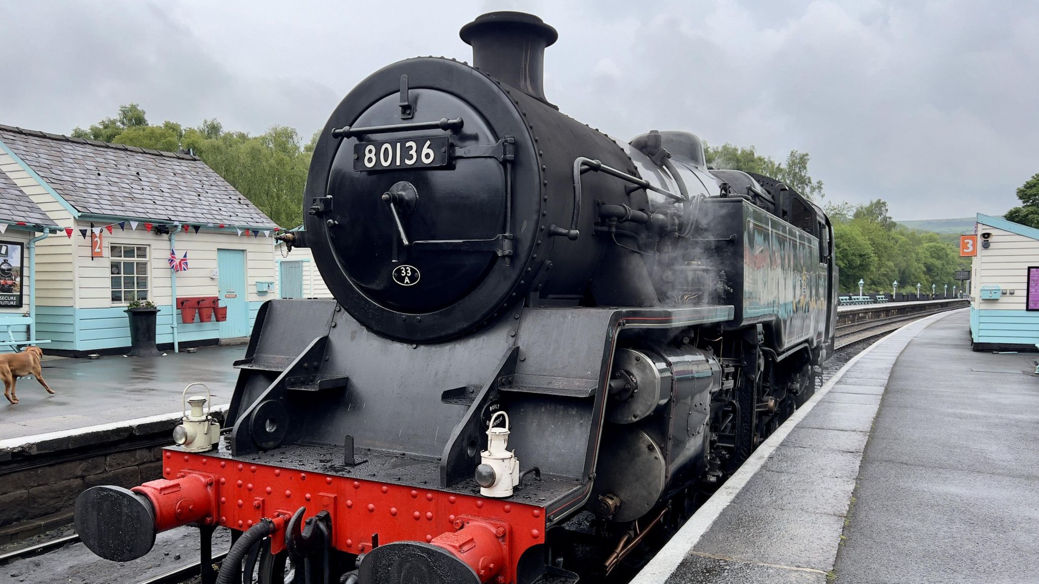 A steam train in Grosmont station at the North York Moors Railway