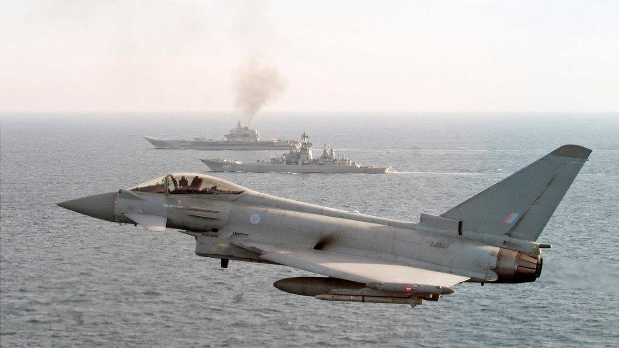 RAF Typhoon escorting the Russian warship Admiral Kuznetsov