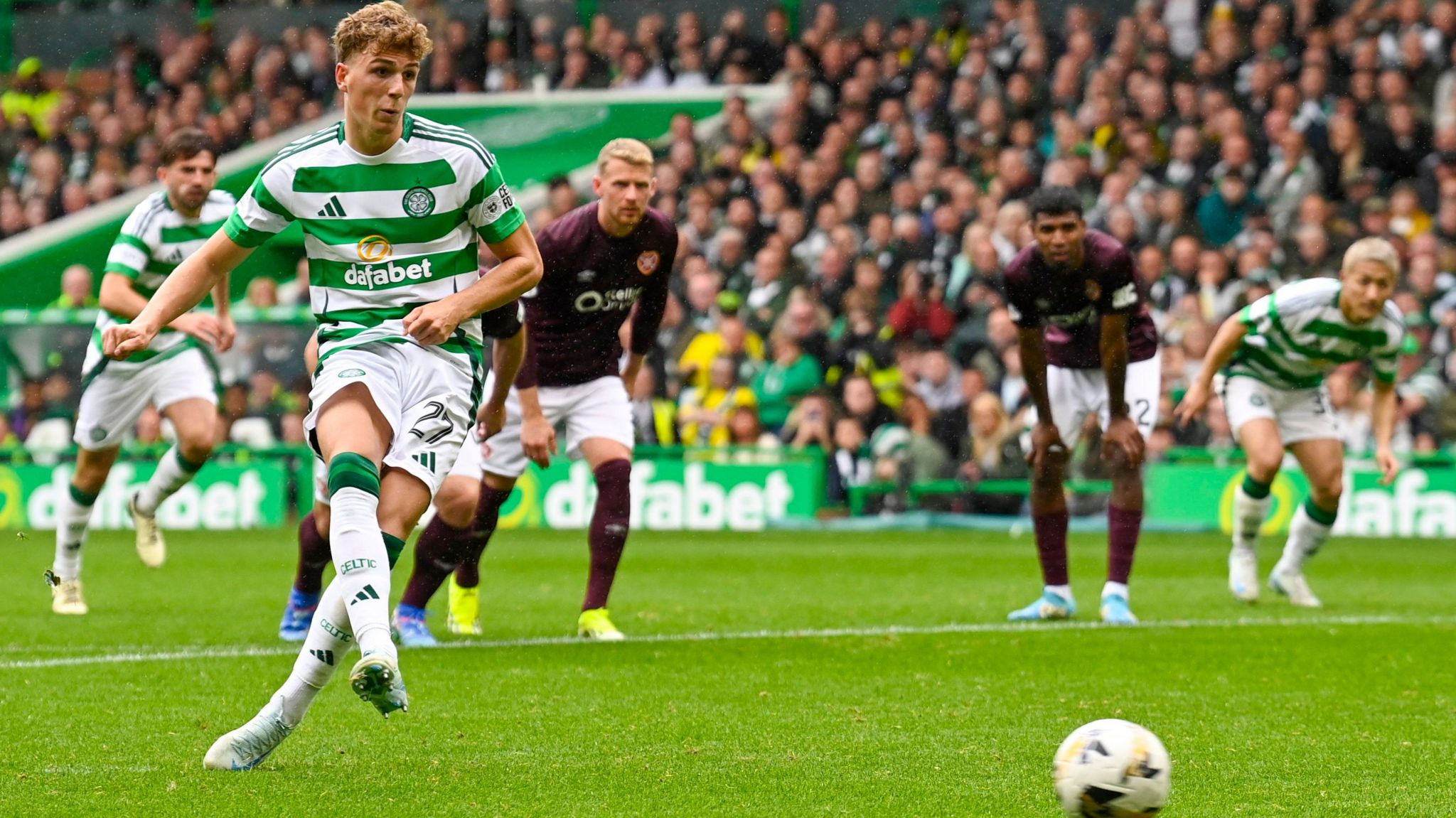 Arne Engels scores a penalty for Celtic against Hearts