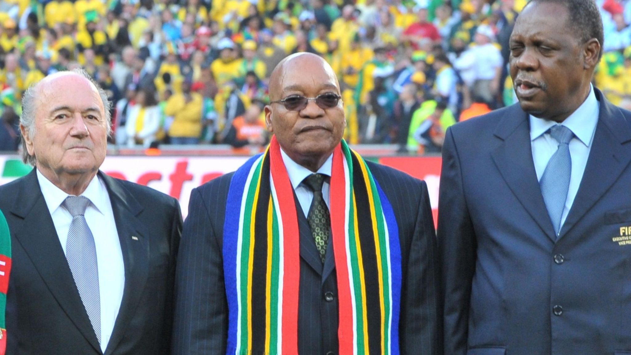 Fifa president Sepp Blatter, South Africa's President Jacob Zuma and Caf president Issa Hayatou at the 2010 World Cup in South Africa