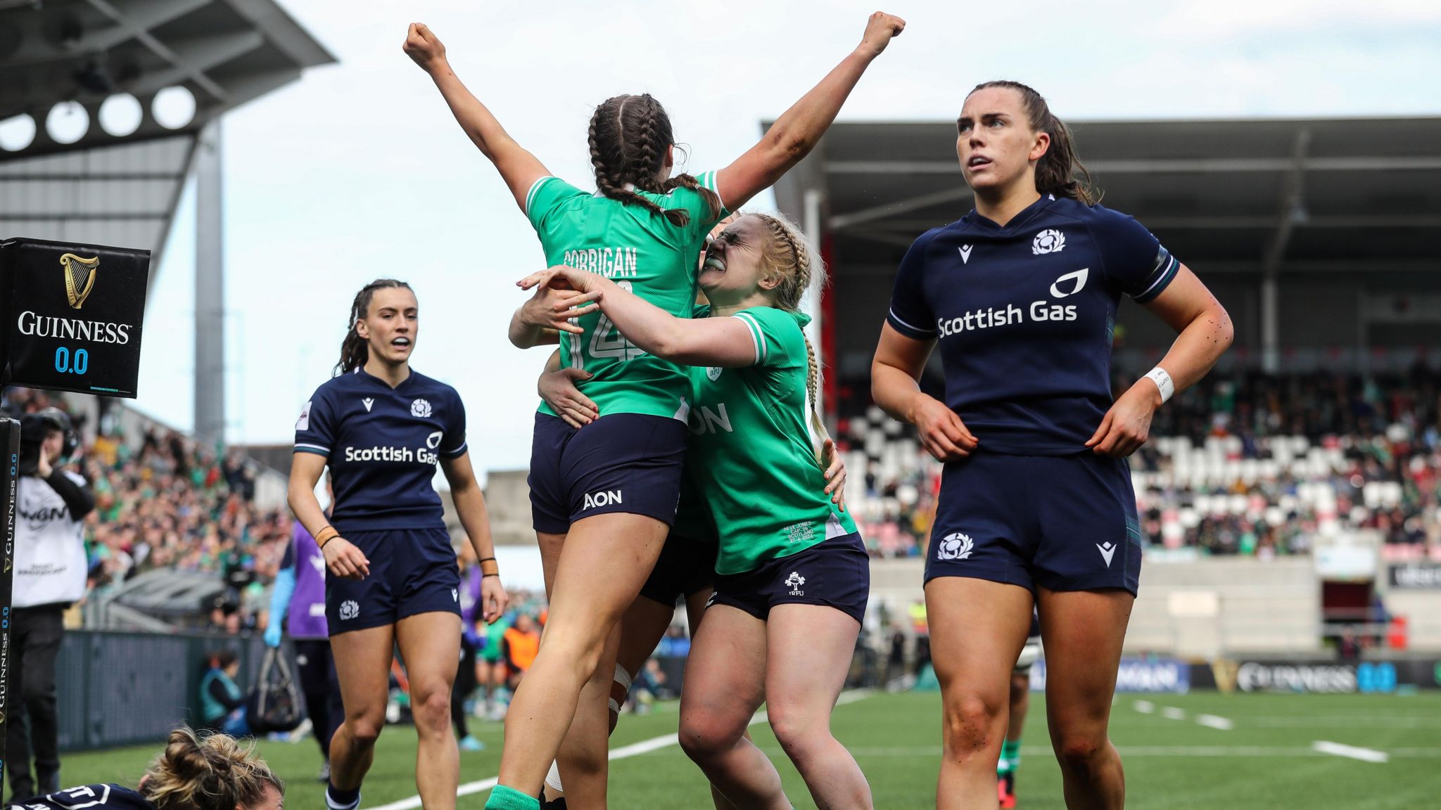 Katie Corrigan celebrates her try for Ireland