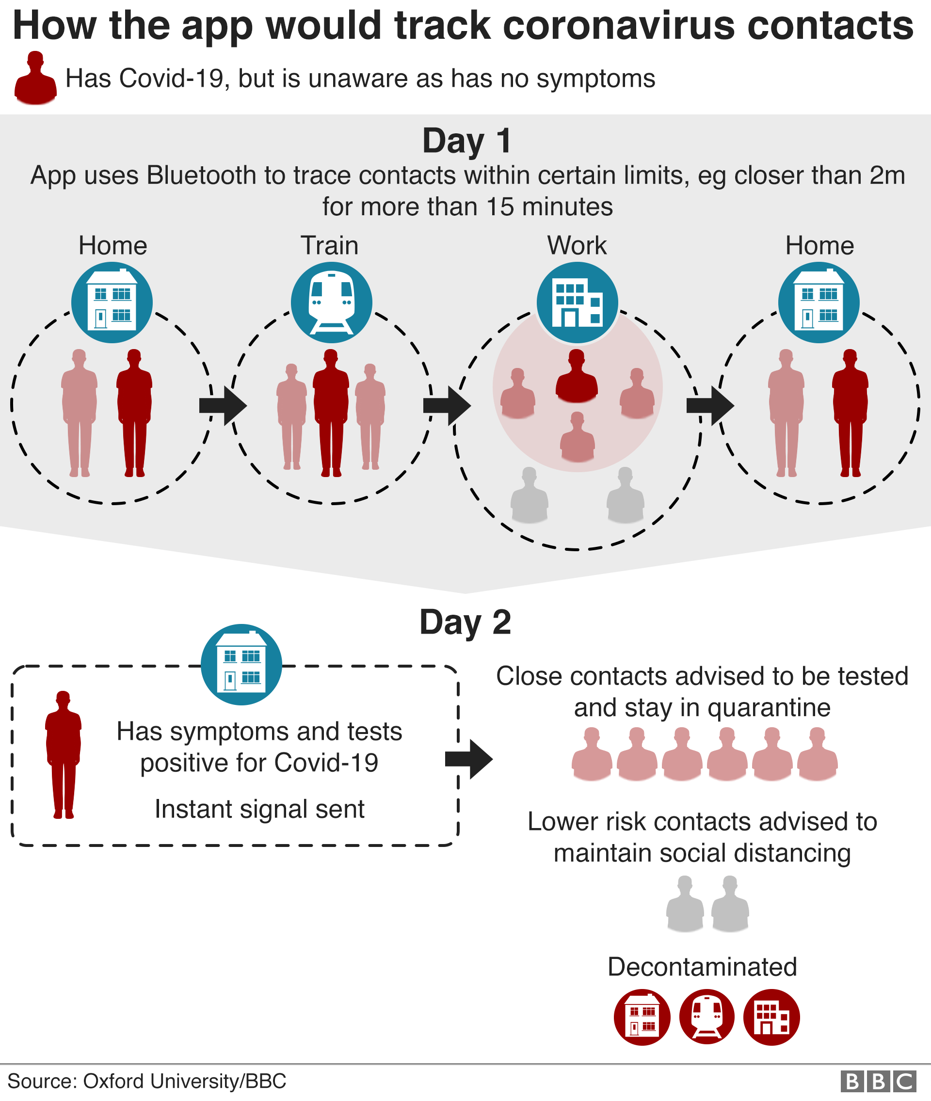 Infographic shows how app would trace contacts using location and QR barcode scans and send them a notification when they'd been close to someone diagnosed with Covid-19
