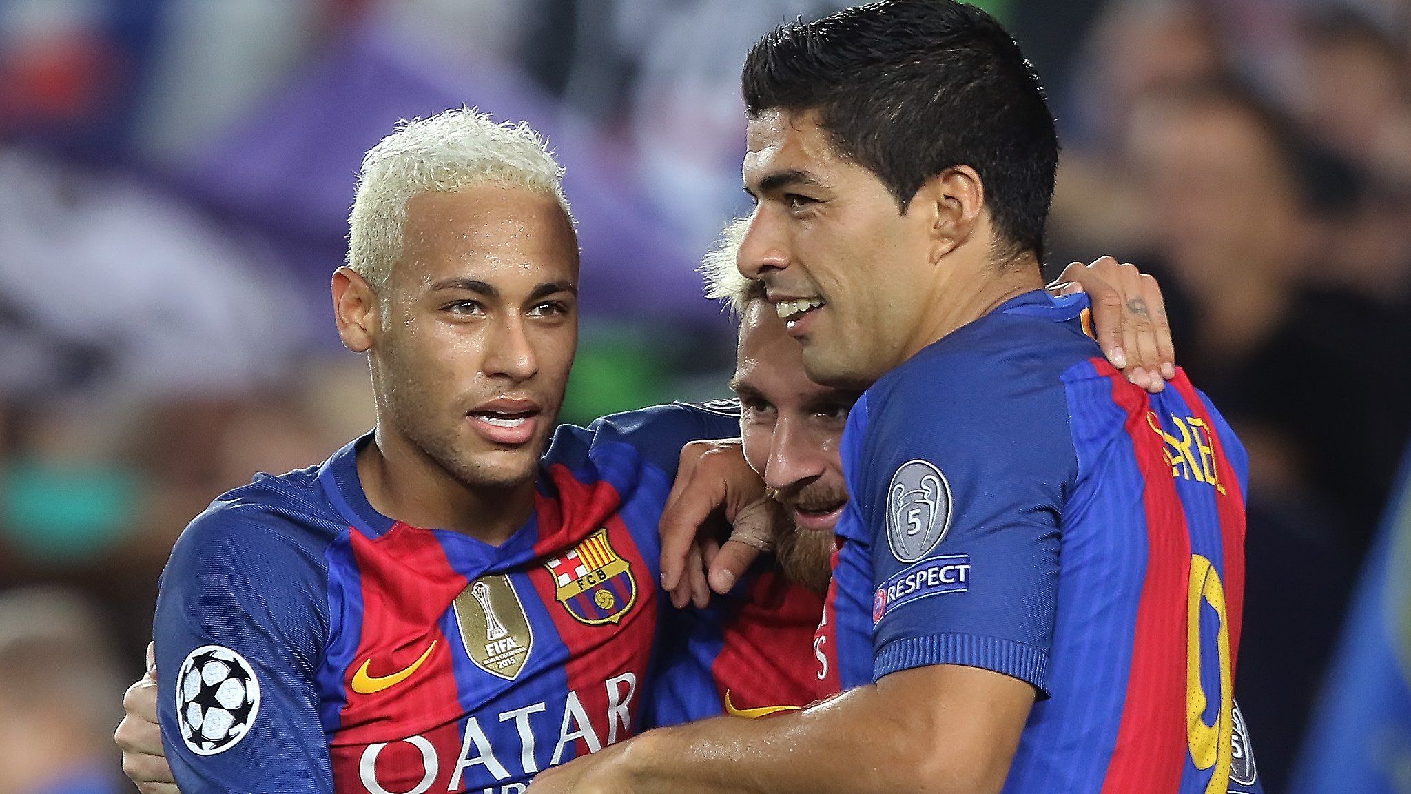 Barcelona's Neymar, Lionel Messi and Luis Suarez celebrate against Celtic