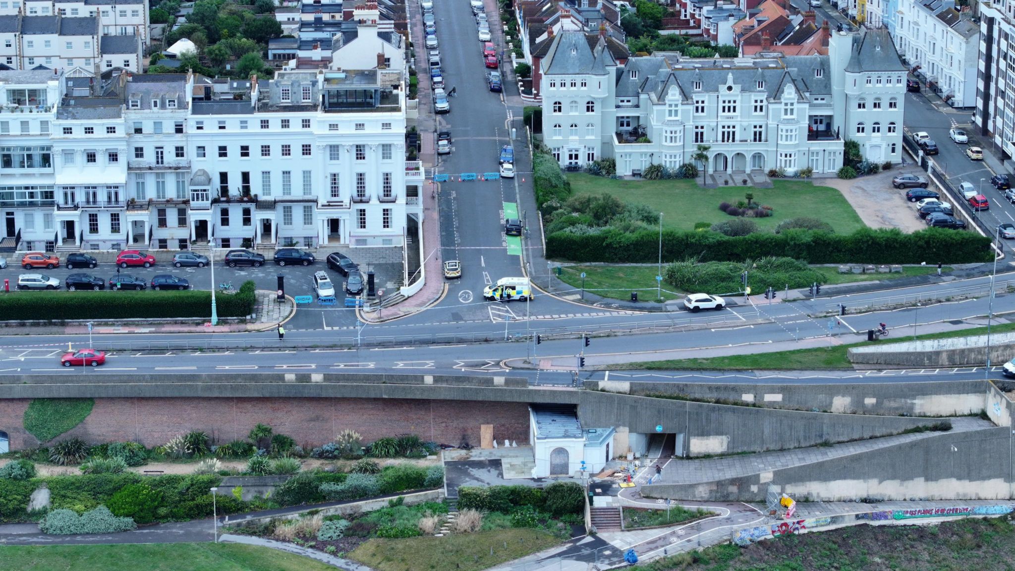 A long distance aerial view of the road closure on the A259.