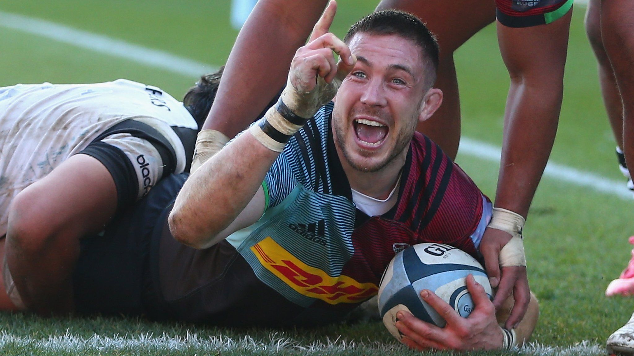 Mike Brown celebrates a try for Harlequins