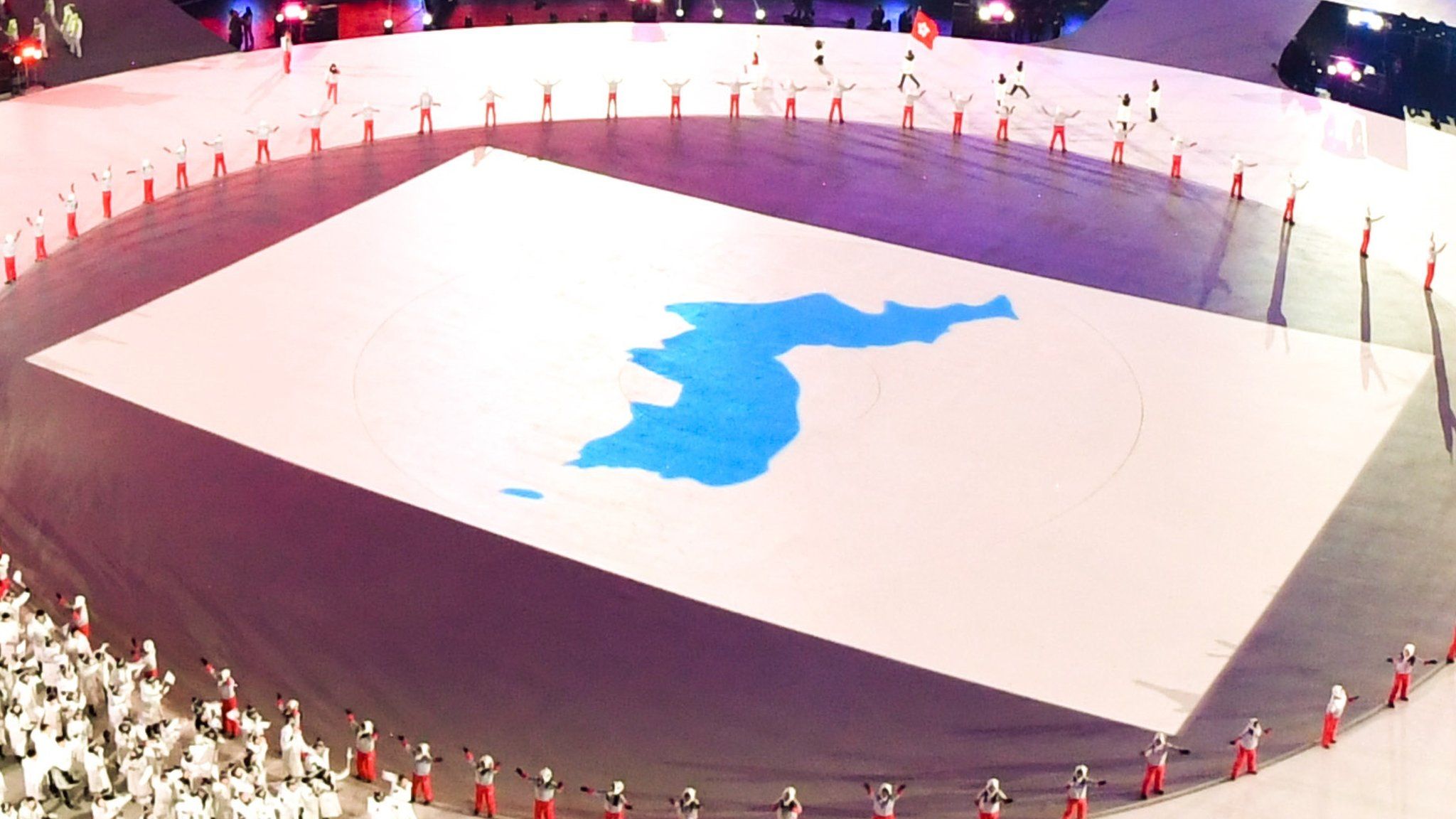 The Unified Korean flag is seen during the opening ceremony of the Pyeongchang 2018 Winter Olympic Games