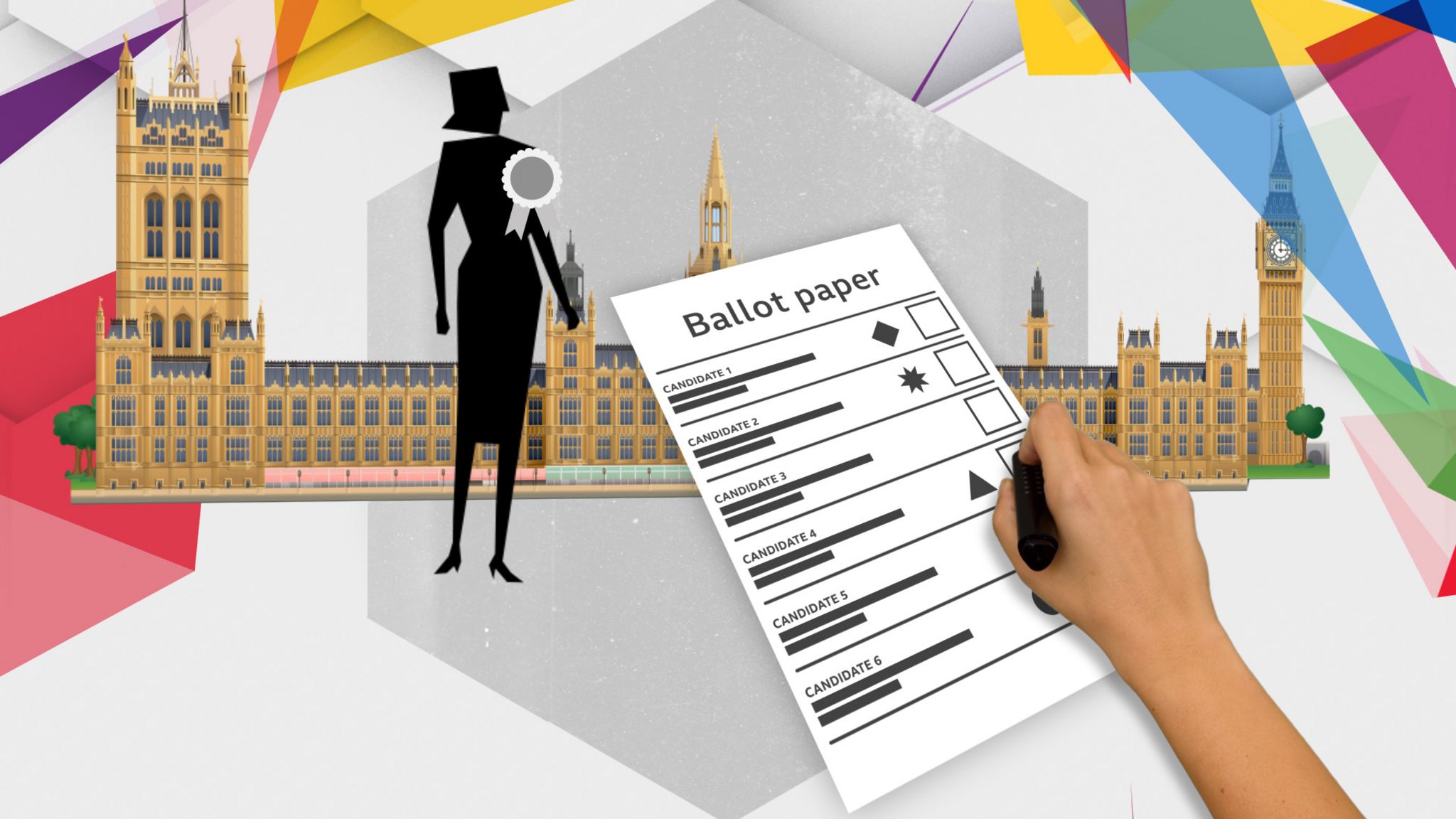 Mock-ups of a ballot paper, a political candidate and Parliament