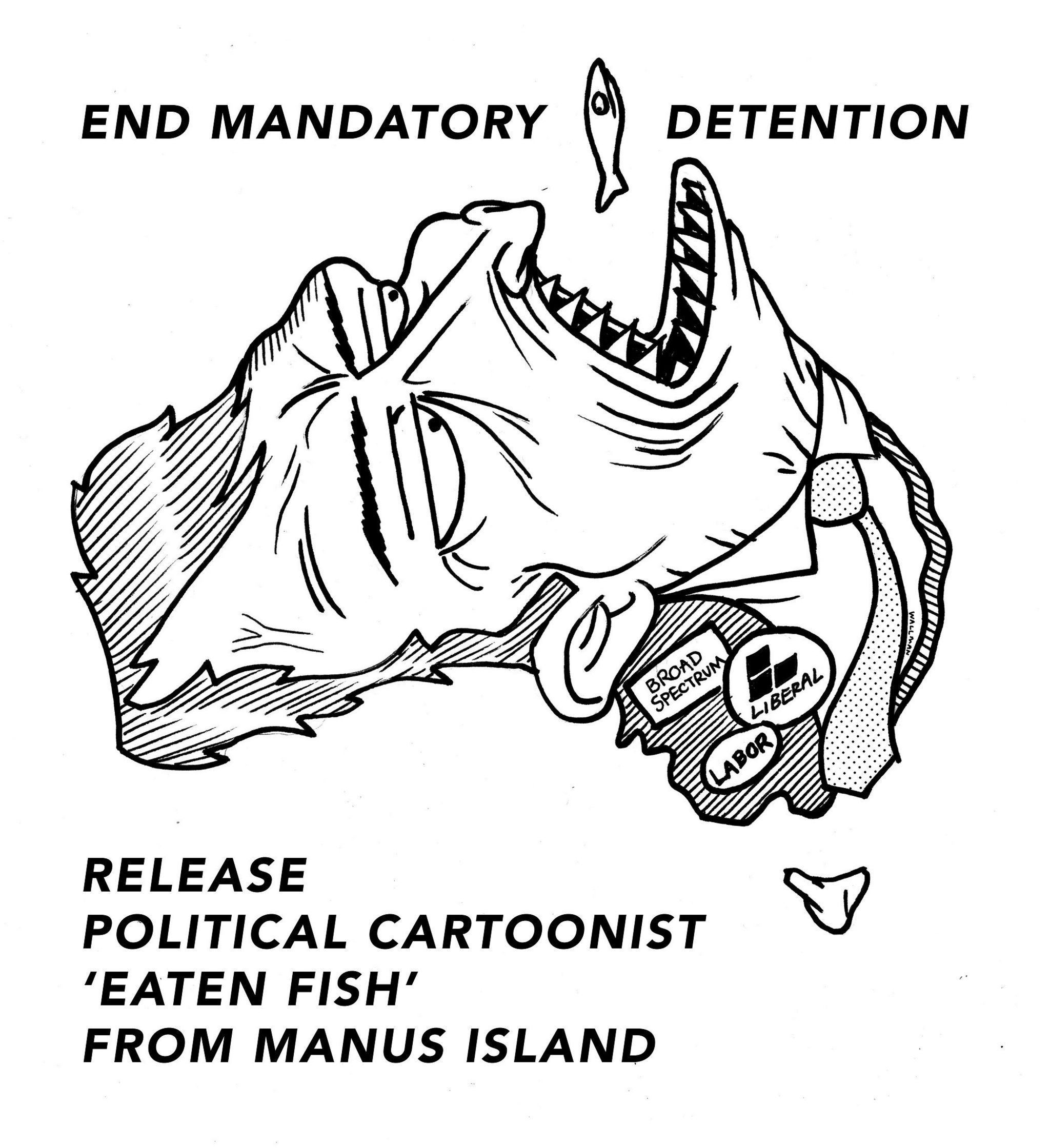 Sam Wallman's cartoon showing Australia, as a face, trying to eat a fish