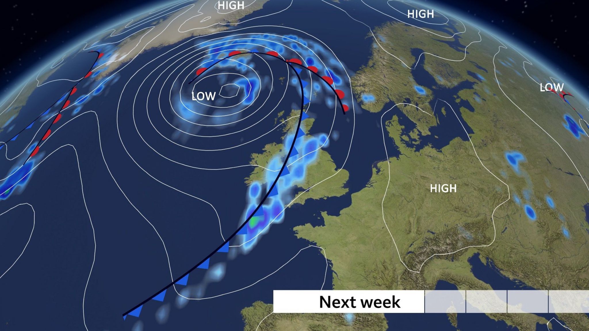 Map of Europe and north Atlantic showing low pressure to north-west and high pressure to south-east of UK