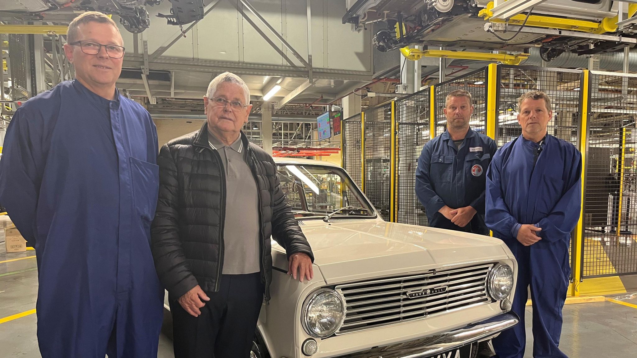 L-R Phil, Keith, Mark, Michael Tabiner standing by the Vauxhall Viva in the present day 