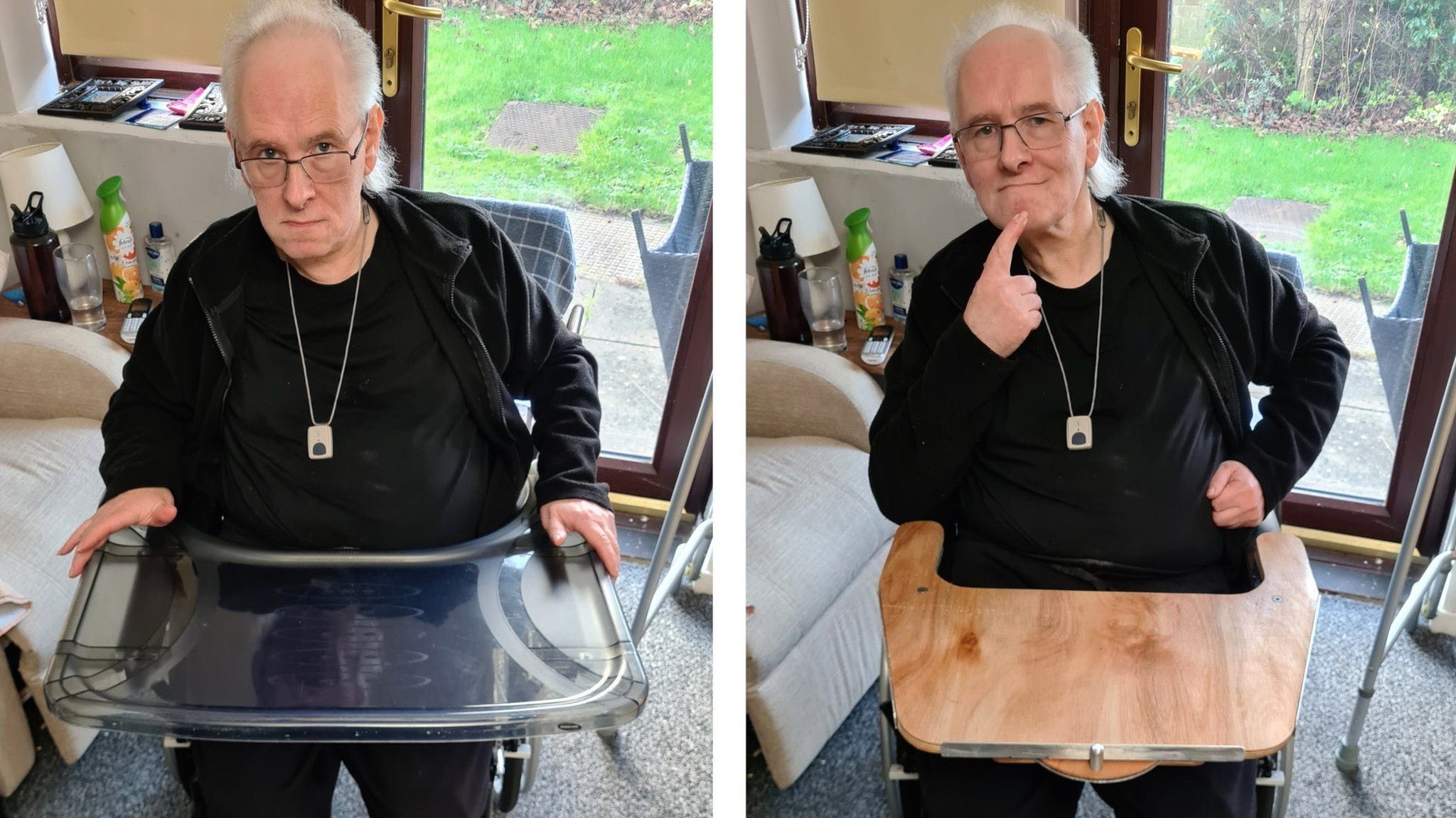 Adrian Hart with his old tray and his new tray.