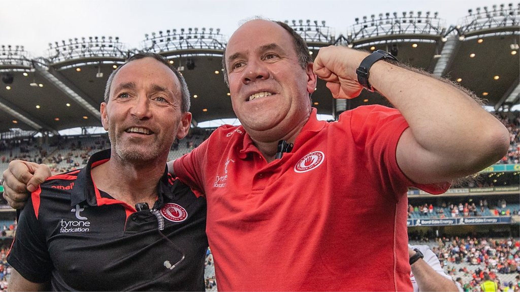 joint-managers Brian Dooher and Feargal Logan celebrate after Tyrone's All-Ireland Football Final triumph