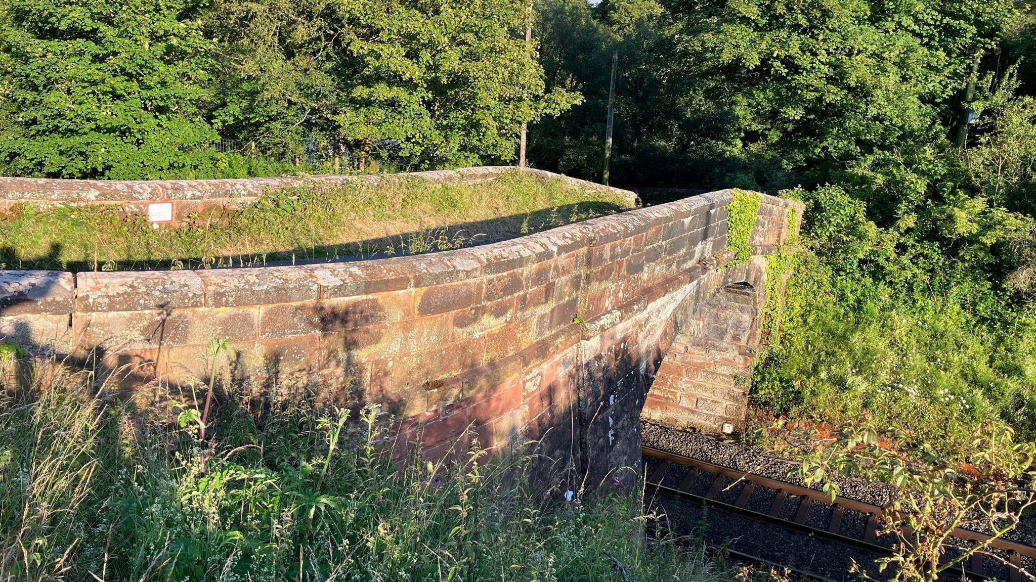 Bridge across railway line on sunny day with trees and bushes surrounding it