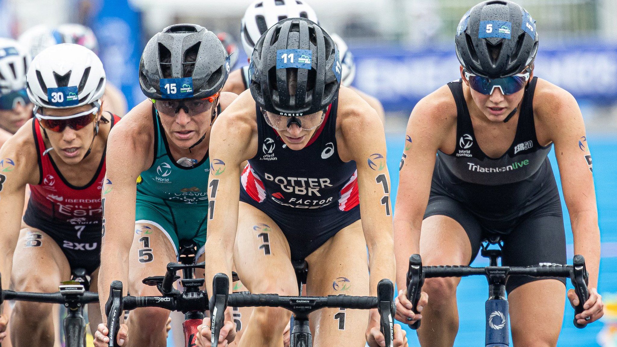 Beth Potter leads during the bike leg of one of her two wins in 2023