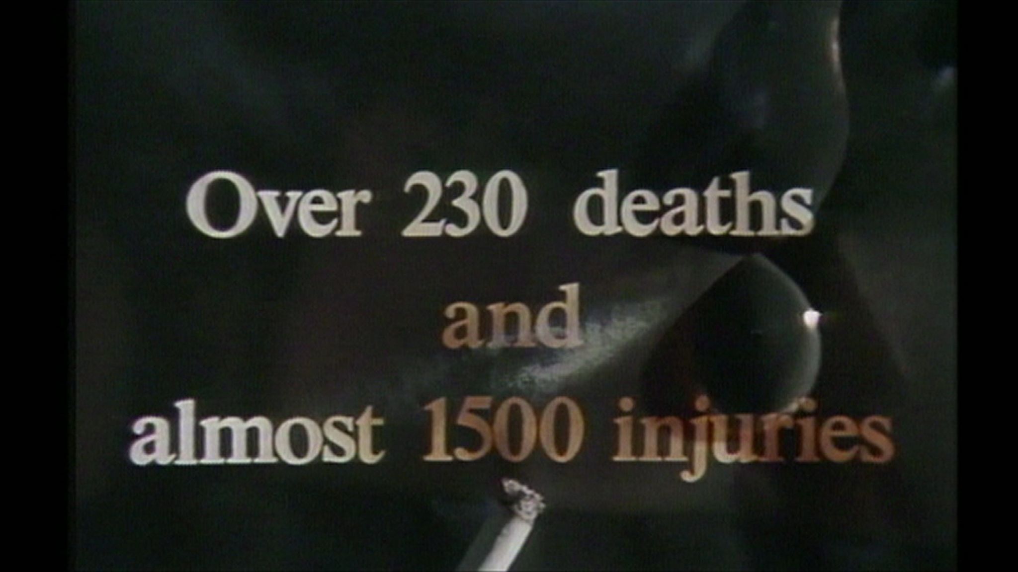 A still from a public information film on the human cost of fires caused by smoking