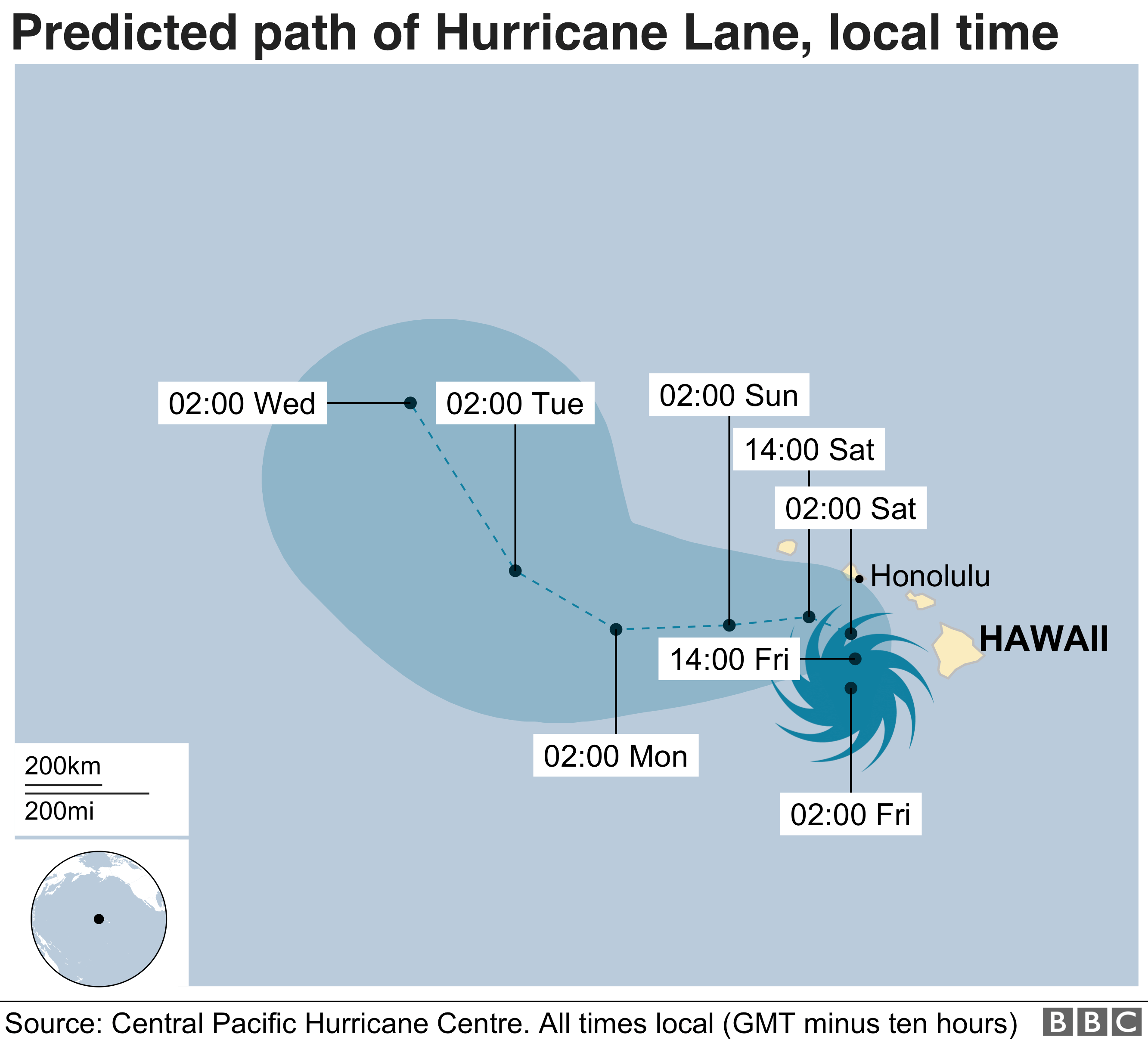 Map showing predicted path of Hurricane Lane