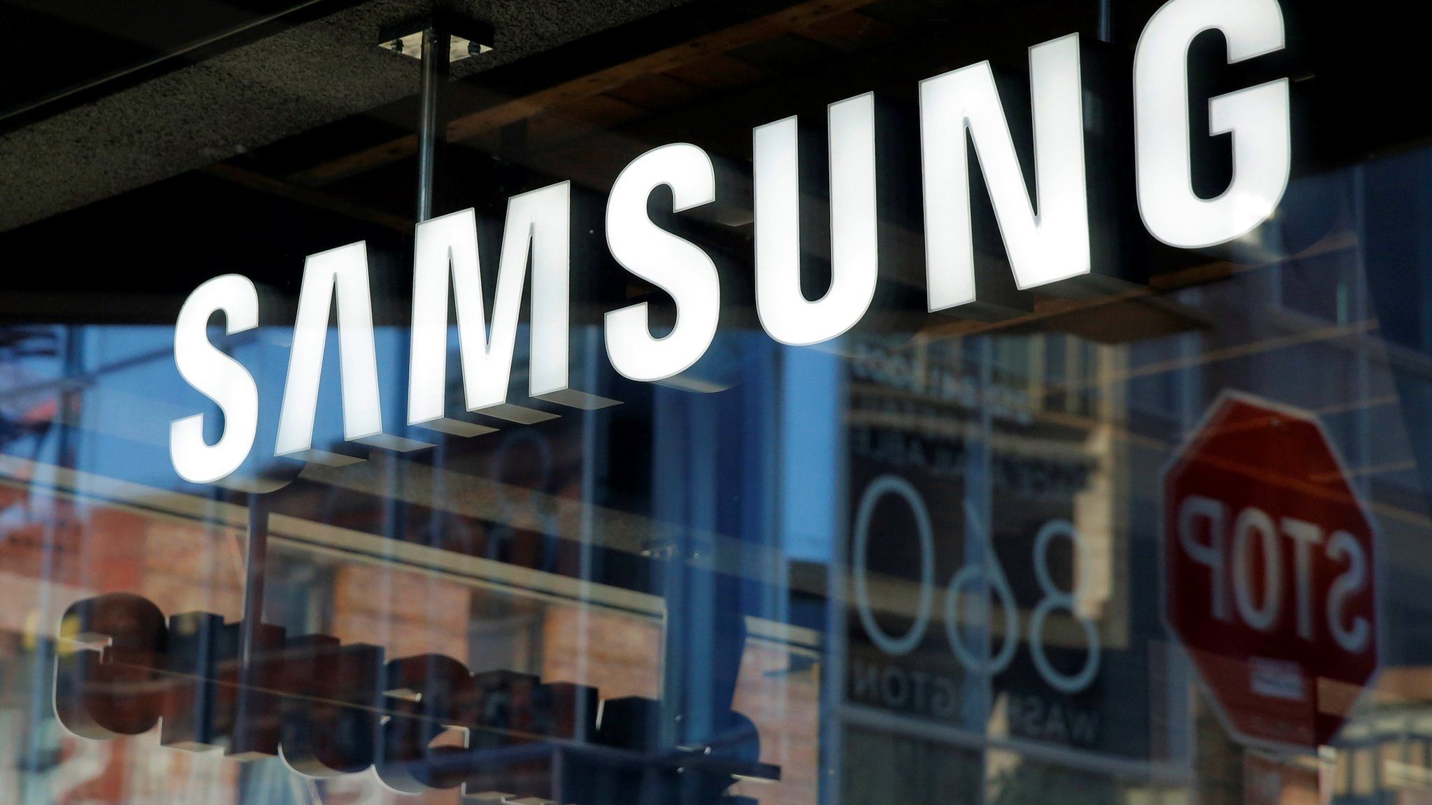 Signage is seen at the Samsung store in Manhattan, New York