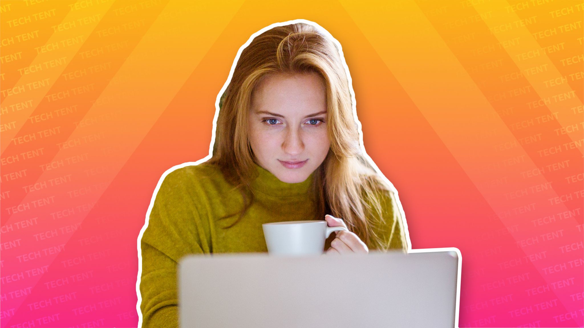 A woman works from home with a cup of coffee and a laptop, cut out against a bright orange Tech Tent branded background