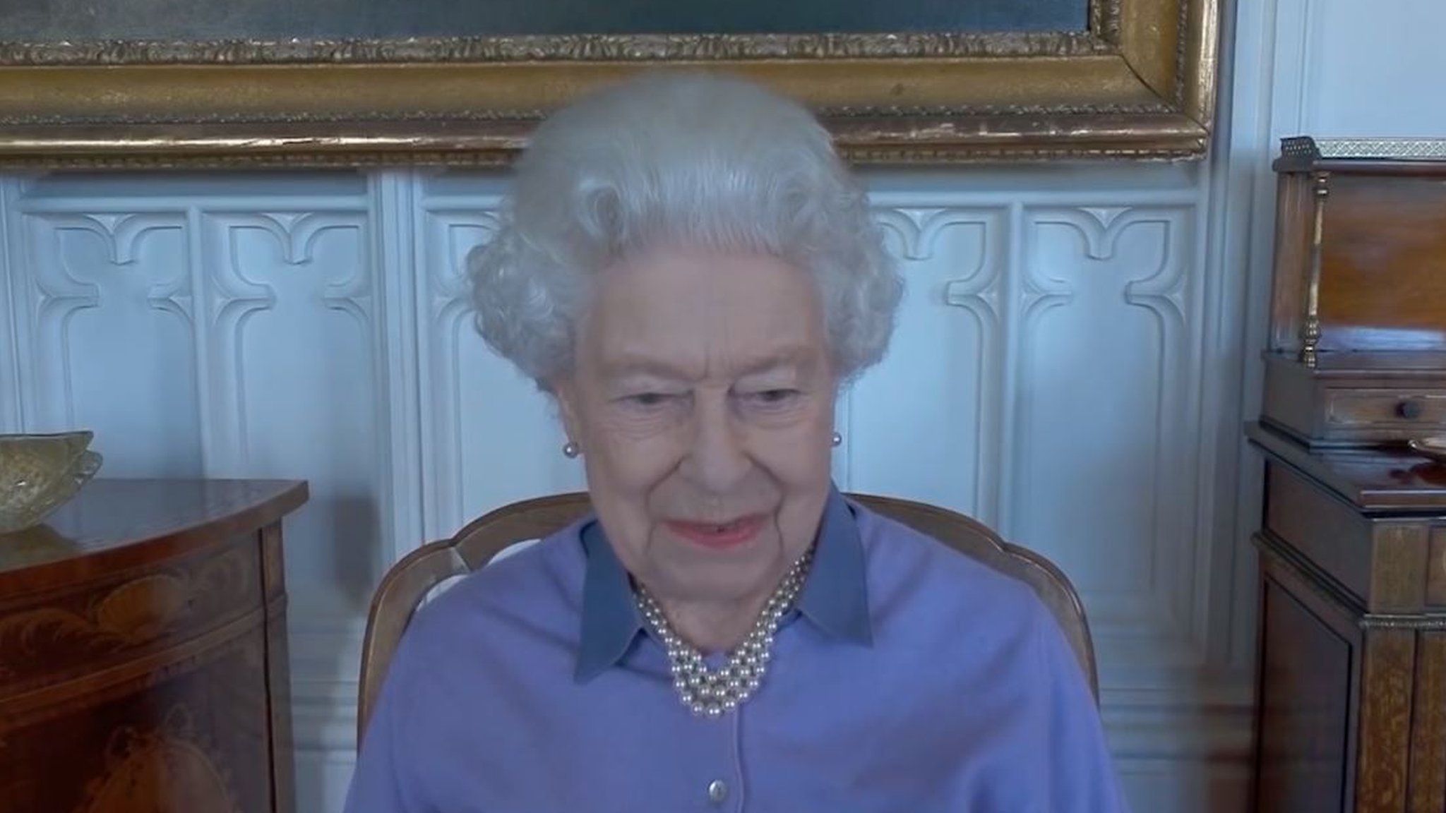 The Queen smiles during the virtual call last week