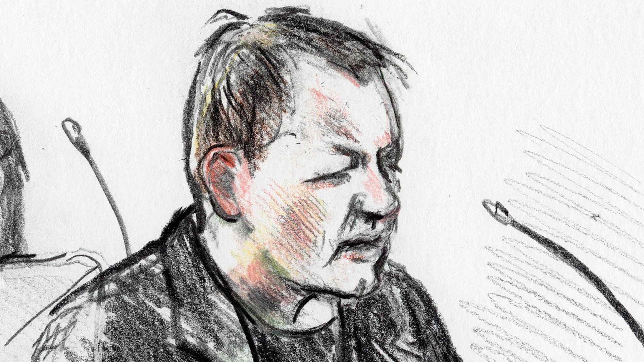 n April 25, 2018 Court drawing by Anne Gyrite SchÃ¼tt made available by Danish news agency Ritzau SCANPIX shows accused Peter Madsen (R) during his trial at the courthouse in Copenhagen