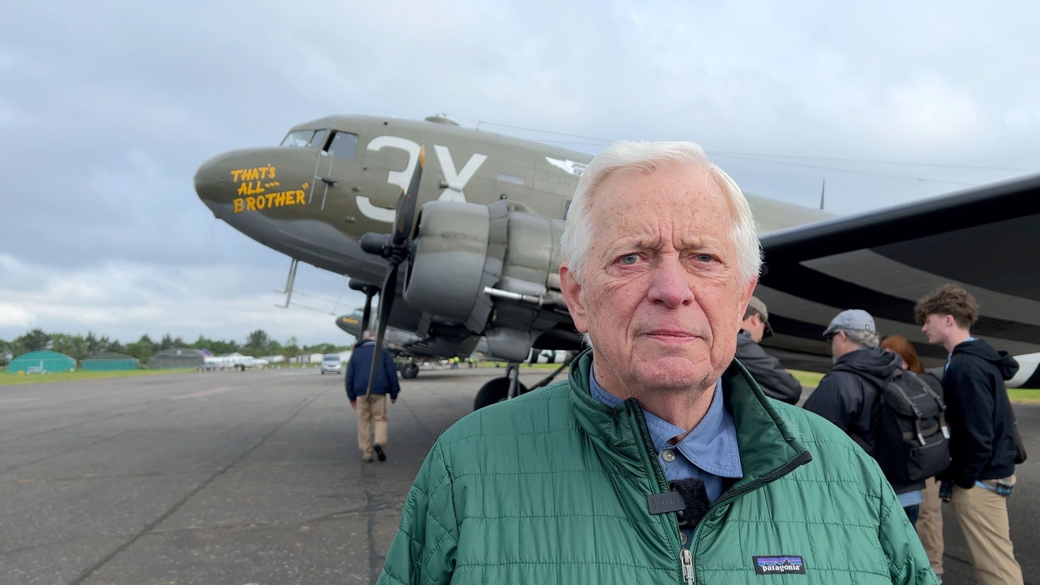 Al Reams Jr in front of his father's plane that led the aircraft flying from Greenham Common on d-day