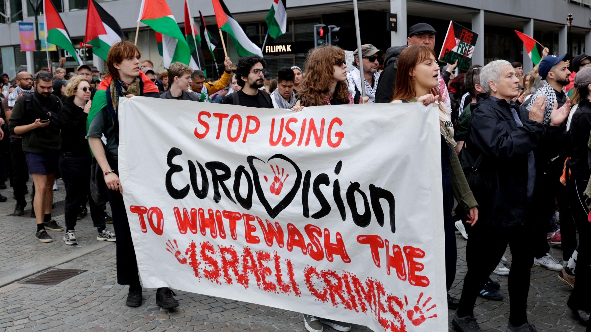 Pro-Palestinian demonstrators at a protest ahead of the second Eurovision semi-final, in Malmo on Thursday