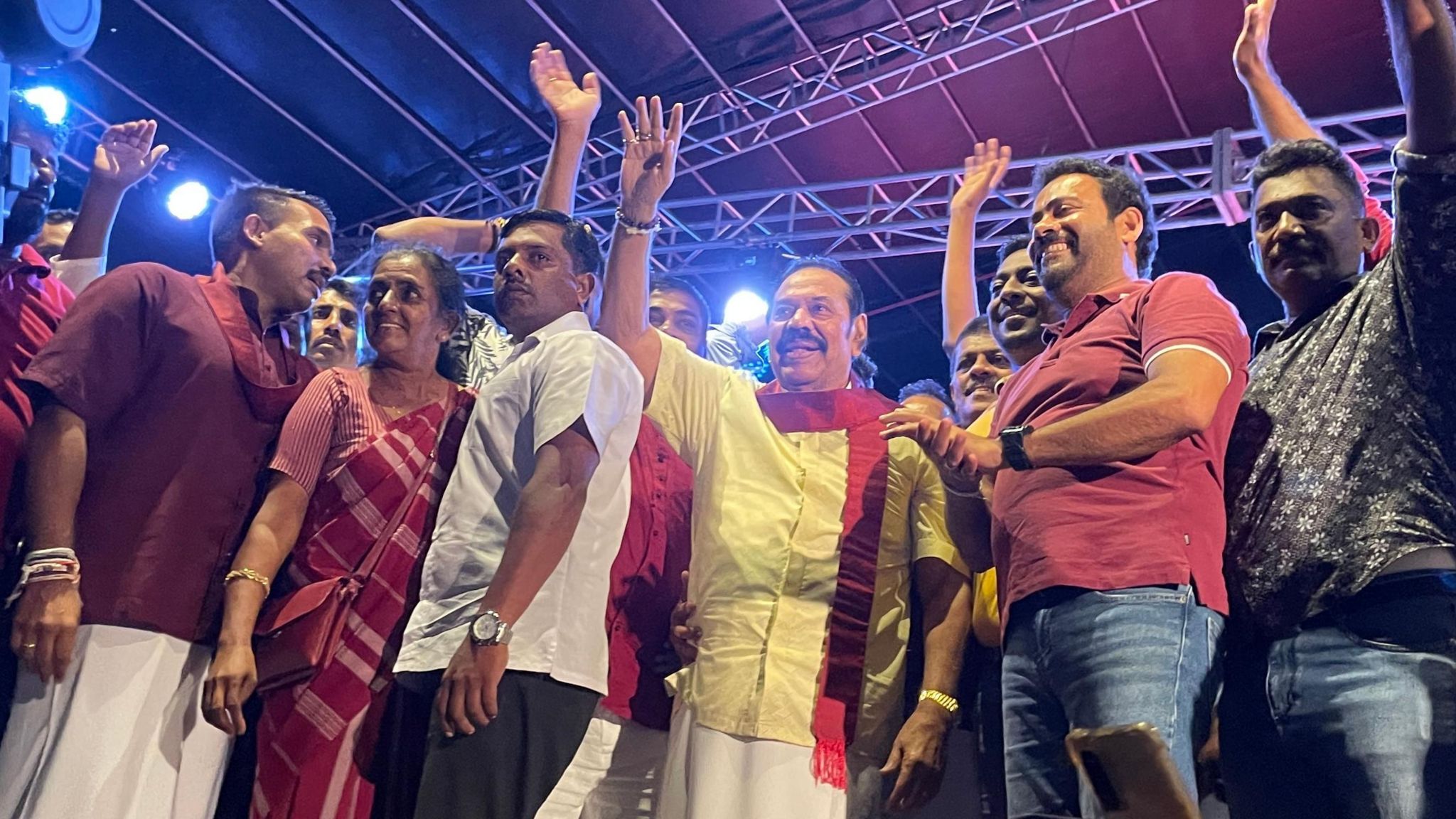 Mahinda Rajapaksa at a rally with his son Namal in the town of Minuwangoda