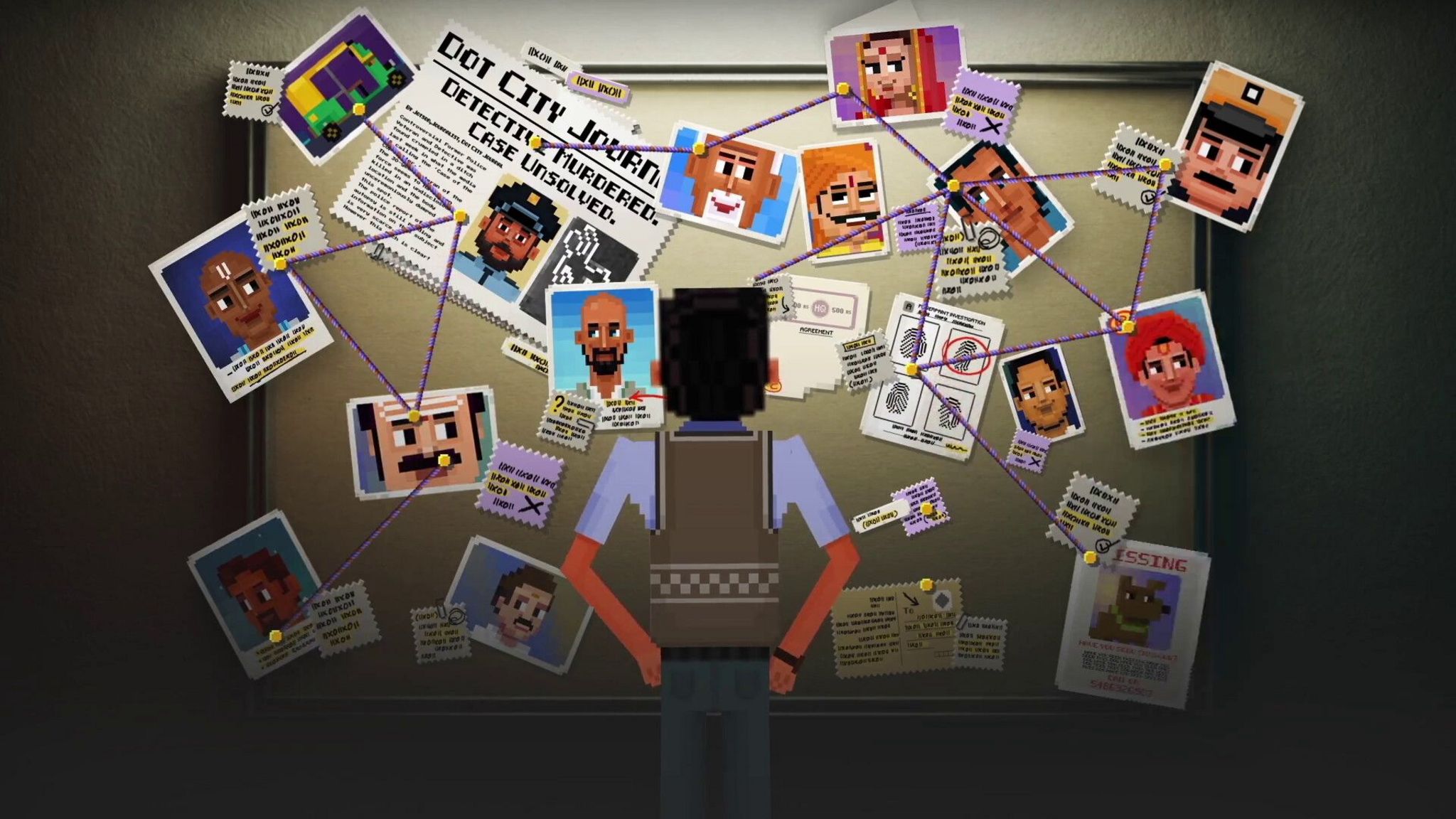 A pixel art image shows the back of a male character wearing a police vest, hands on hips as he studys a pegboard filled with clues. A patchwork of notes, newspaper clippings and photos are all linked together with pieces of string.